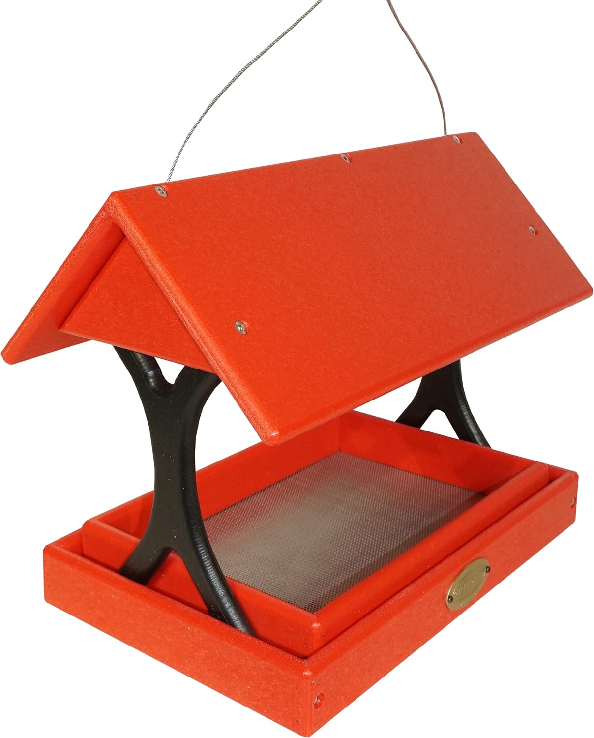 DutchCrafters Poly Plastic Fly Through Bird Feeder with Removable Tray, Covered Fly-Thru Mesh Tray Wild Bird Feeder - Amish Made in USA (Bright Red & Black)
