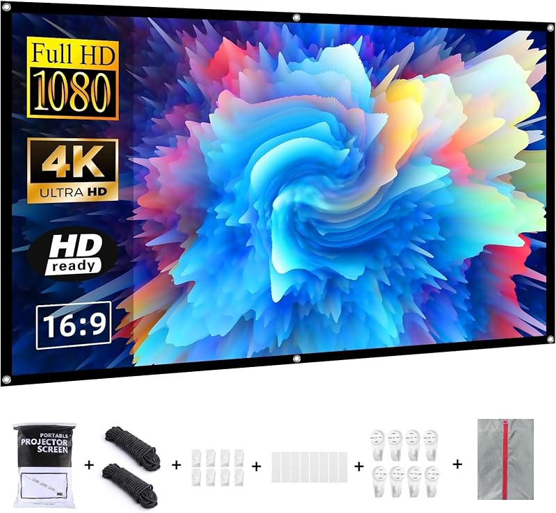 Projector Screen Portable Indoor Outdoor Movie Screen,16:9/Foldable/Anti-Crease/1.1 Gain/160°Viewing/Washable with Nail Hooks and Carrying Bag,Double Sided Projection (60 INCH)