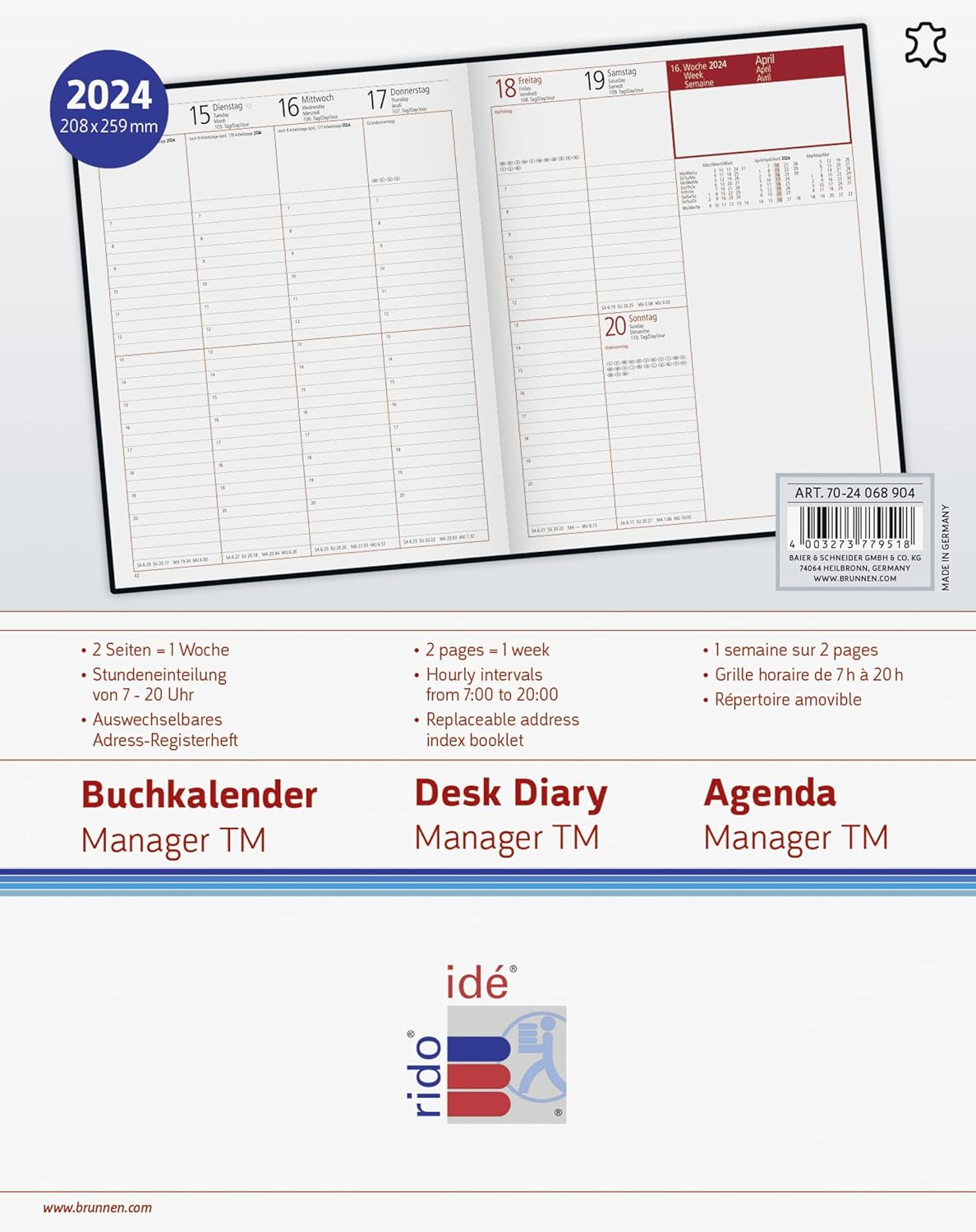 rido/idé TM 2024 Weekly Calendar 2 Pages = 1 Week Sheet Size 20.5 x 26 cm Black