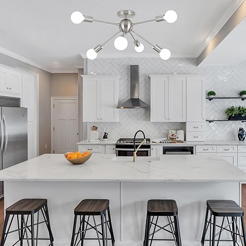 Miniatura 2 de LASENCHOO Candelabros Sputnik de 6 luces, moderna lámpara de techo semiempotrada, lámpara colgante de mediados de siglo, lámpara de techo de níquel