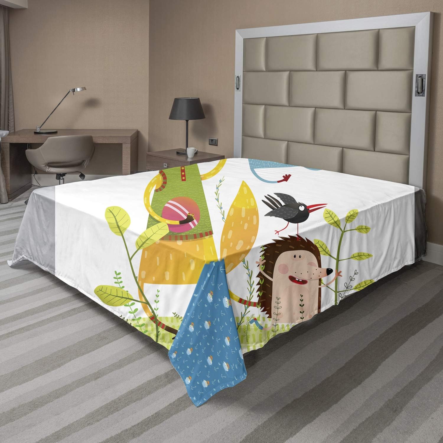 Ambesonne Animal Flat Sheet, Fox Hedgehog Crow and Dog Skipping in The Garden Best Friends Cartoon, Soft Comfortable Top Sheet Decorative Bedding 1 Piece, Full Size, Multicolor
