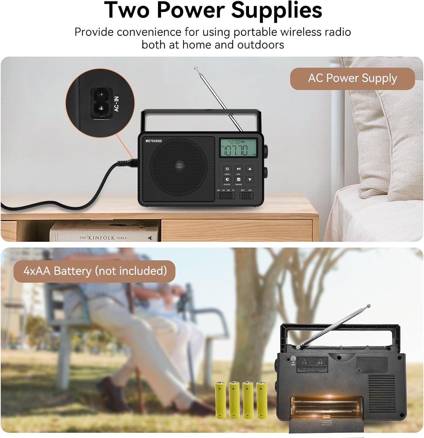 Retekess TR638 radio showing both AC power input and battery compartment