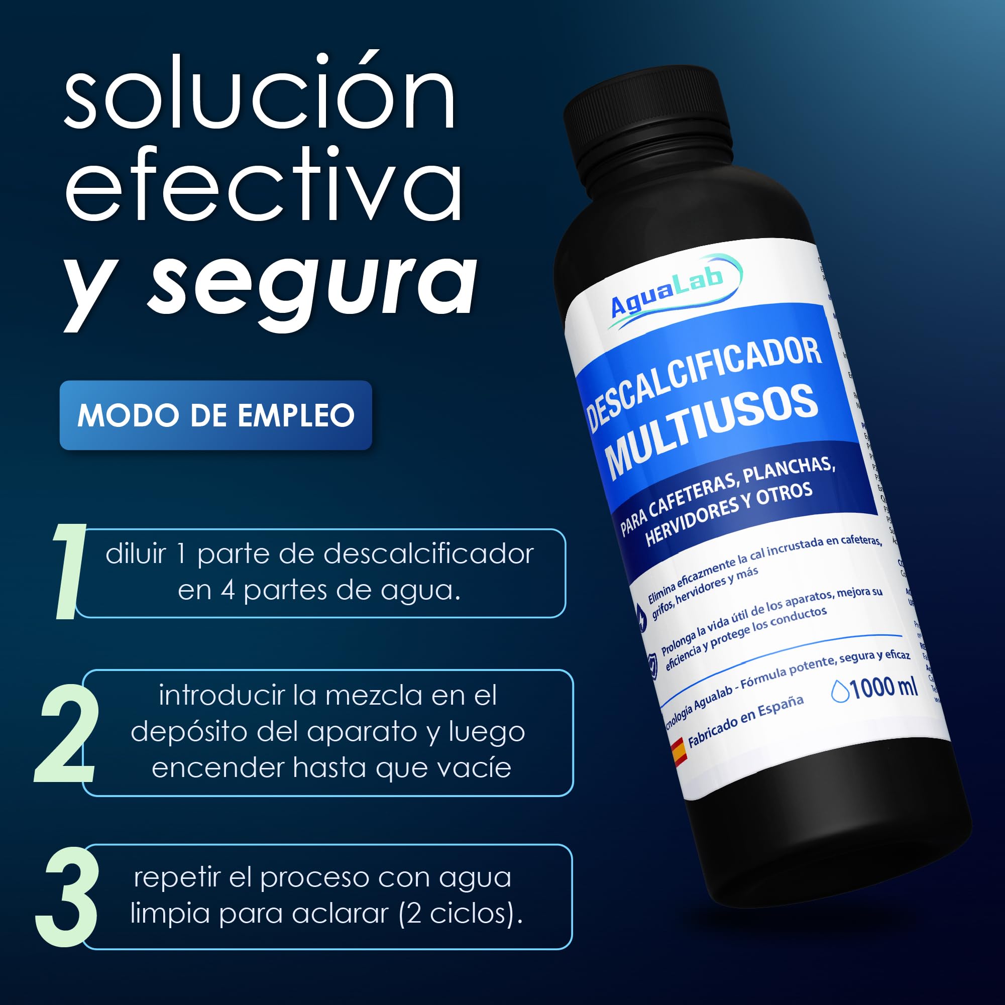 Descalcificador Cafetera 1L Liquido Antical Compatible con Delonghi Nespresso Dolce Gusto Krups Philips Cecotec Limpieza Cafetera Elimina Cal Formula Natural con Acido Citrico | AGUALAB