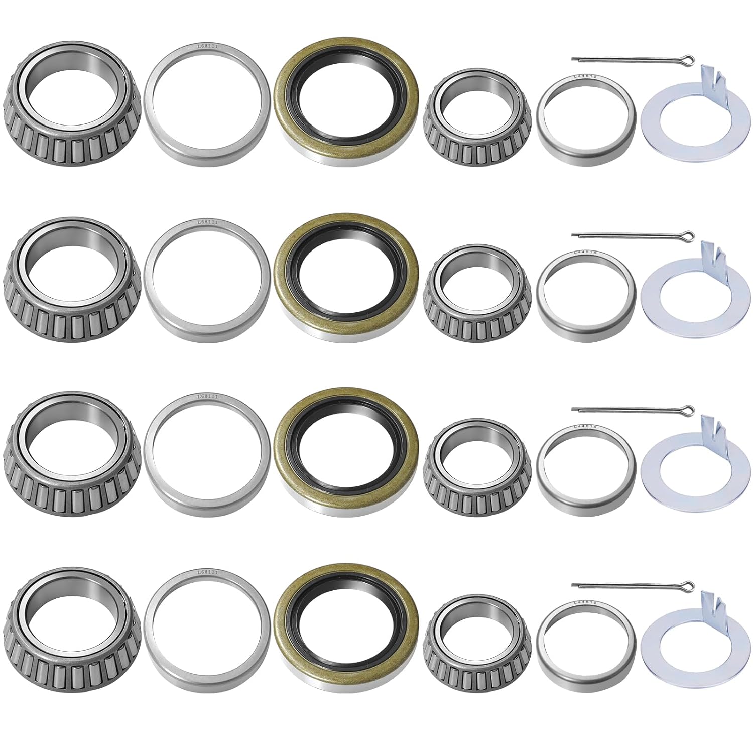 4 Set Traile Axle Bearings Kit L68149 L44649 with D-Style Spindle Tang Washers, Boat Trailer Bearing Kit Fits for 1-3/8" to 1-1/16" 3500 Lbs Trailer Axle 1.719" Grease Seal 10-19#84 Spindle