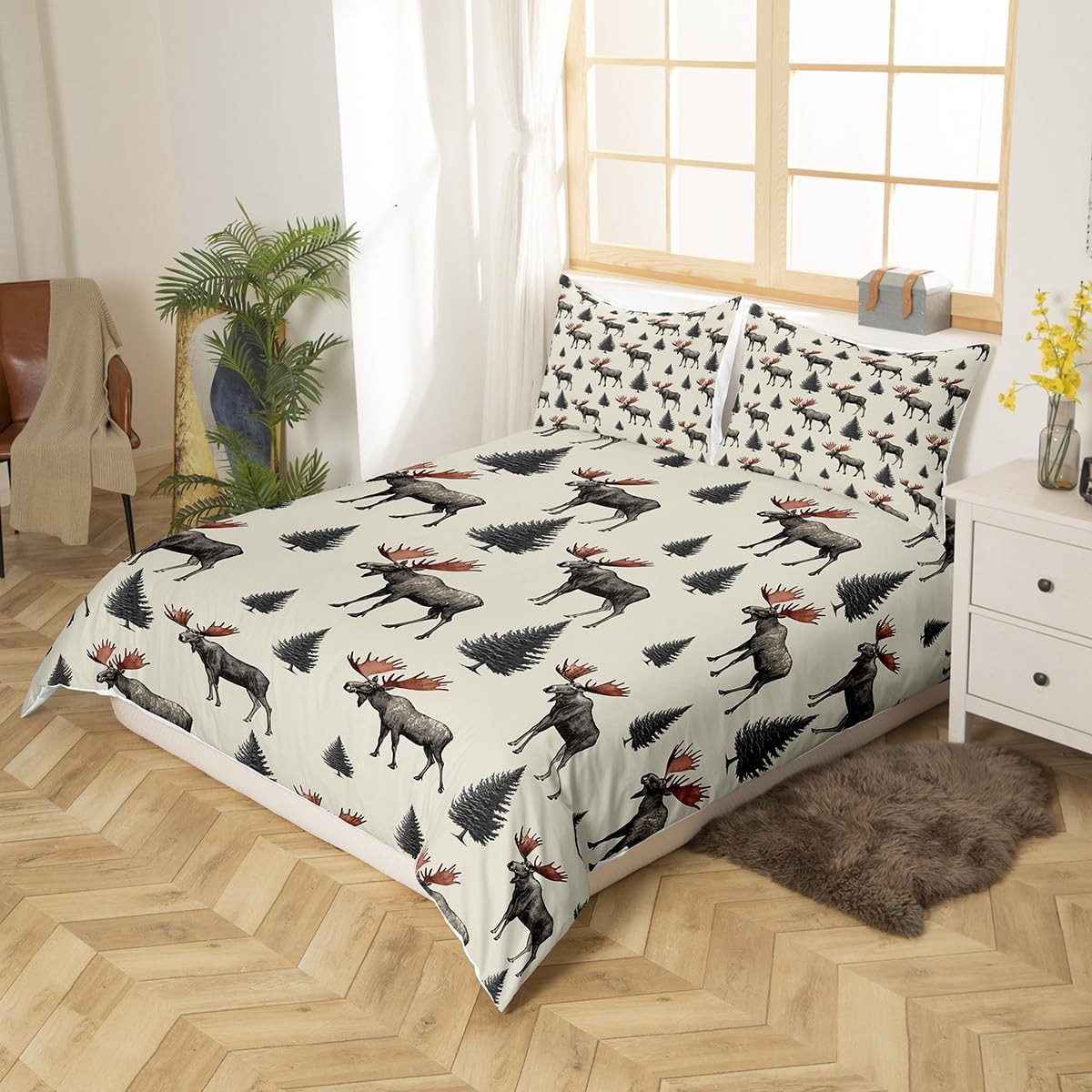 Wild Moose Toddler Duvet Cover 2 Pcs,Jungle Gray Pine Trees Decor Bedding Sets for Kids Teens Adults,Lodge Cabin Jungle Animals Deer Antlers Quilt Cover with 1 Pillowcase,No Comforter