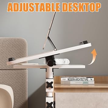 Adjustable Bedside Table, Overbed Table with Wheels, Over the Bed Table with Wheels, Tilt Medical Tray on Wheels, Laptop Table for Recliner, Bed, And Sofa White