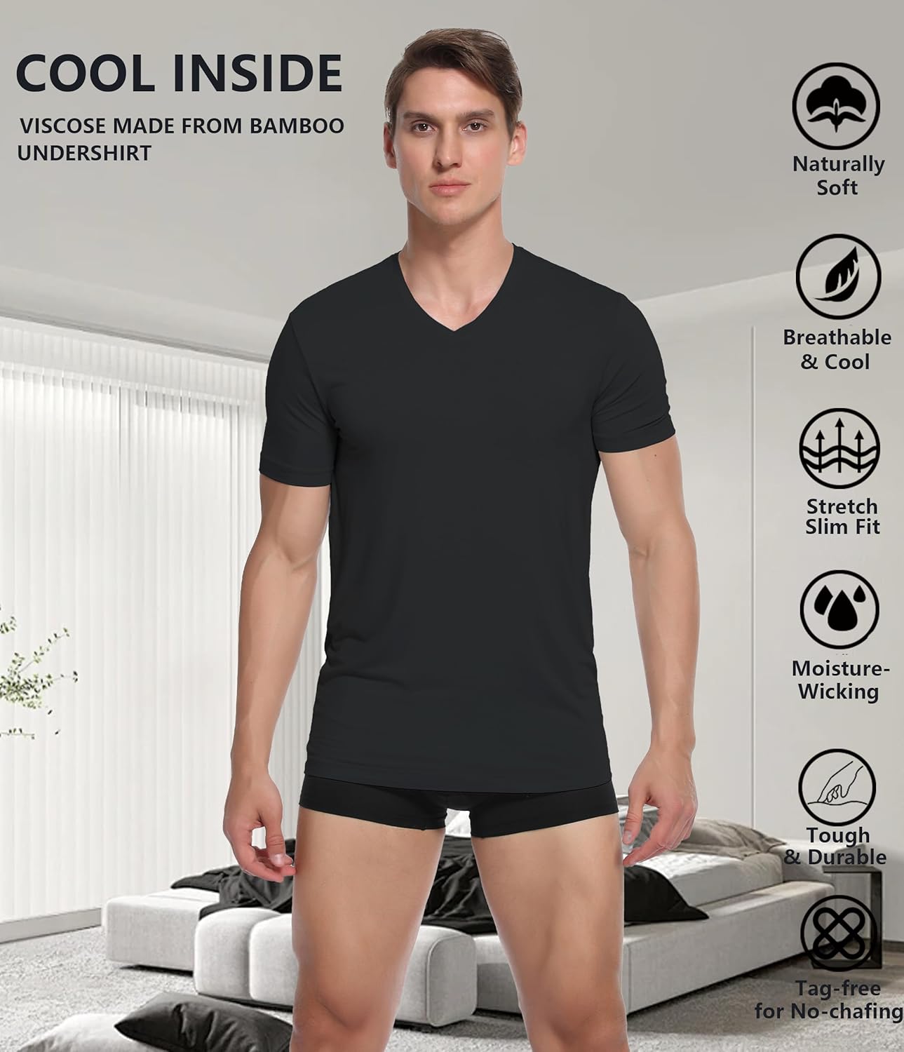 CF Men's Undershirts Bamboo Rayon Shirts for Men Moisture Wicking T-Shirt Classic V Neck Cooling Tee Shirts 3/5 Pack - Image 3