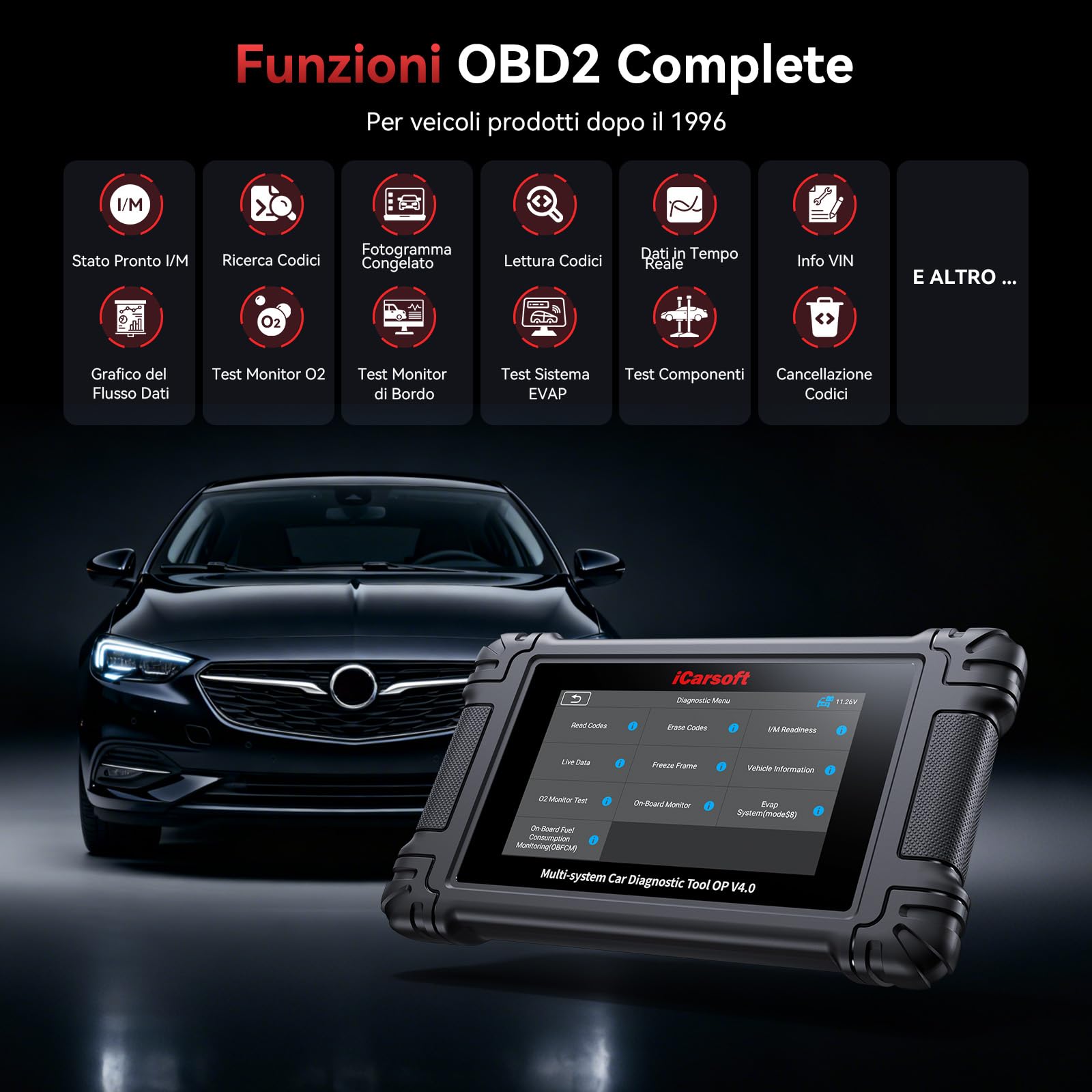 iCarsoft OP V4.0 OBD2 Auto Diagnostica per Opel/Vauxhall + 2 Marche Opzionali, Diagnosi Auto Professionale in Italiano Tutti i Sistemi, 34 Servizi, Test Bidirezionale, Auto VIN, Aggiornamento WiFi