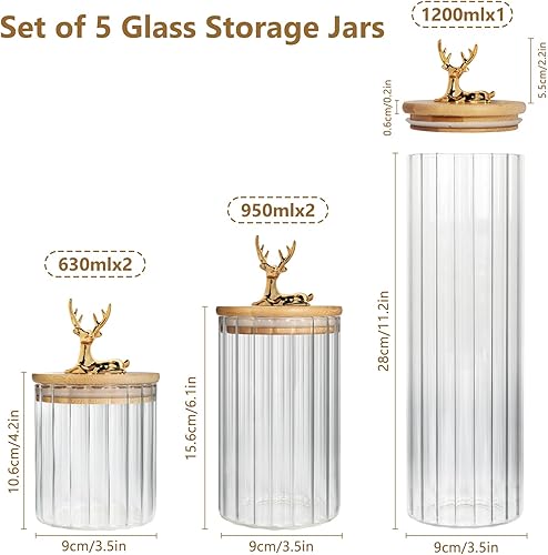 Miniatura 4 de Topsky Juego de 5 tarros de almacenamiento de vidrio de borosilicato, recipientes transparentes para almacenamiento de alimentos con tapa de bambú