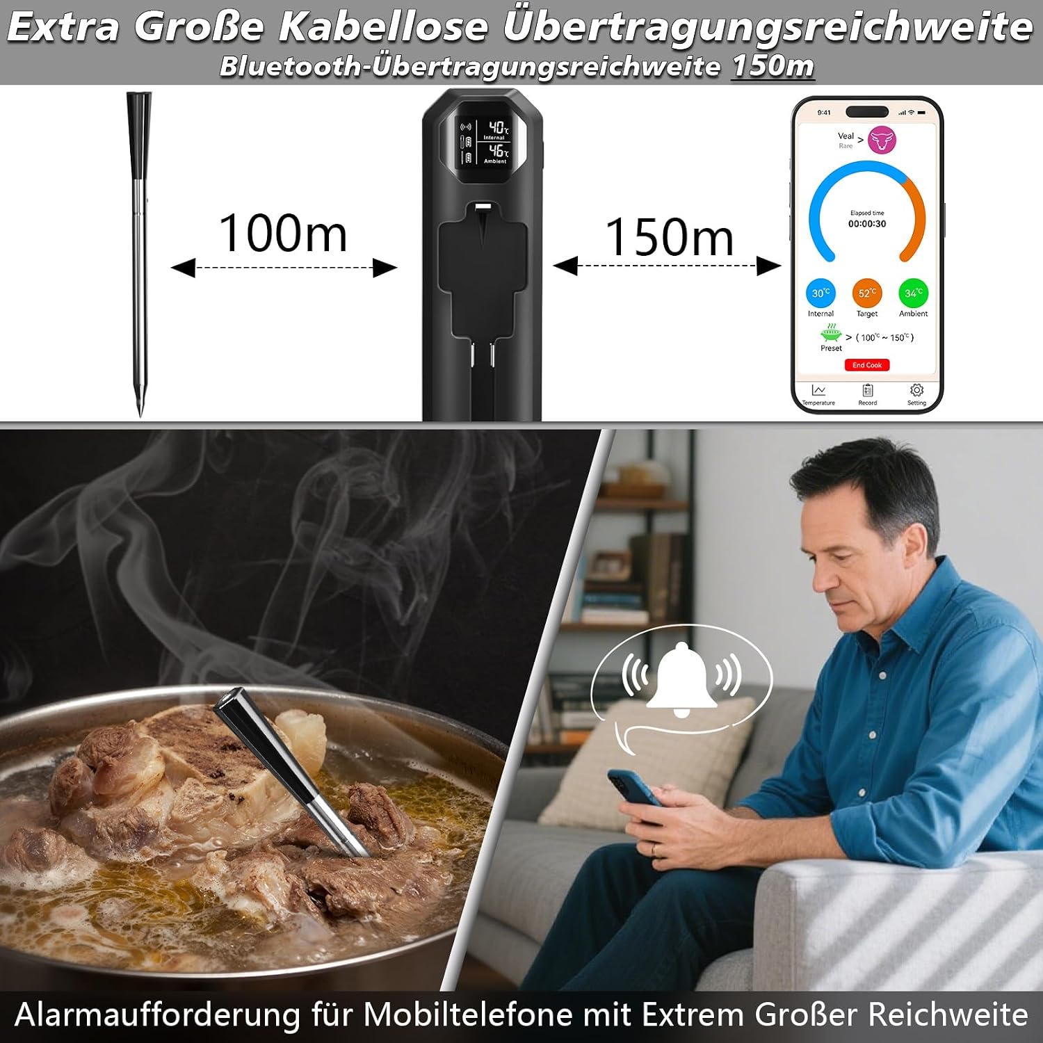 Charmofun Fleischthermometer Smarte, Bluetooth Grillthermometer mit App, IP67 Wasserdicht Bratenthermometer Kabellos, Lange Reichweite, Meat Grill Thermometer Digital für Küche... – Bild 5