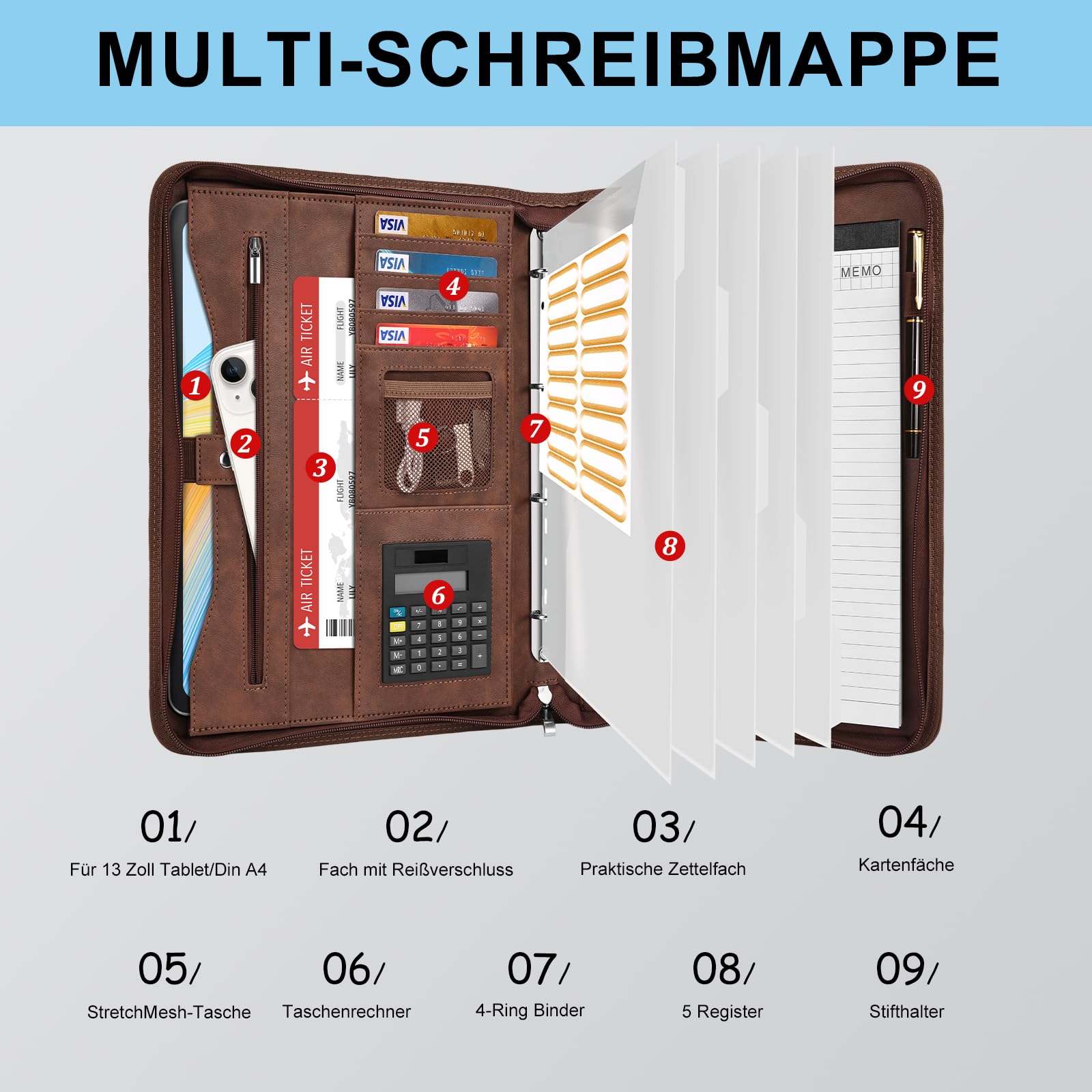 Leathario Schreibmappe A4 mit 5er Register DIN A4，Konferenzmappe mit 4 Ringbuch，Dokumentenmappe mit Reißverschluss, Klemmbrett,Blumenmuster,Ordner für Meeting, Business,Mappe für Schule, Uni