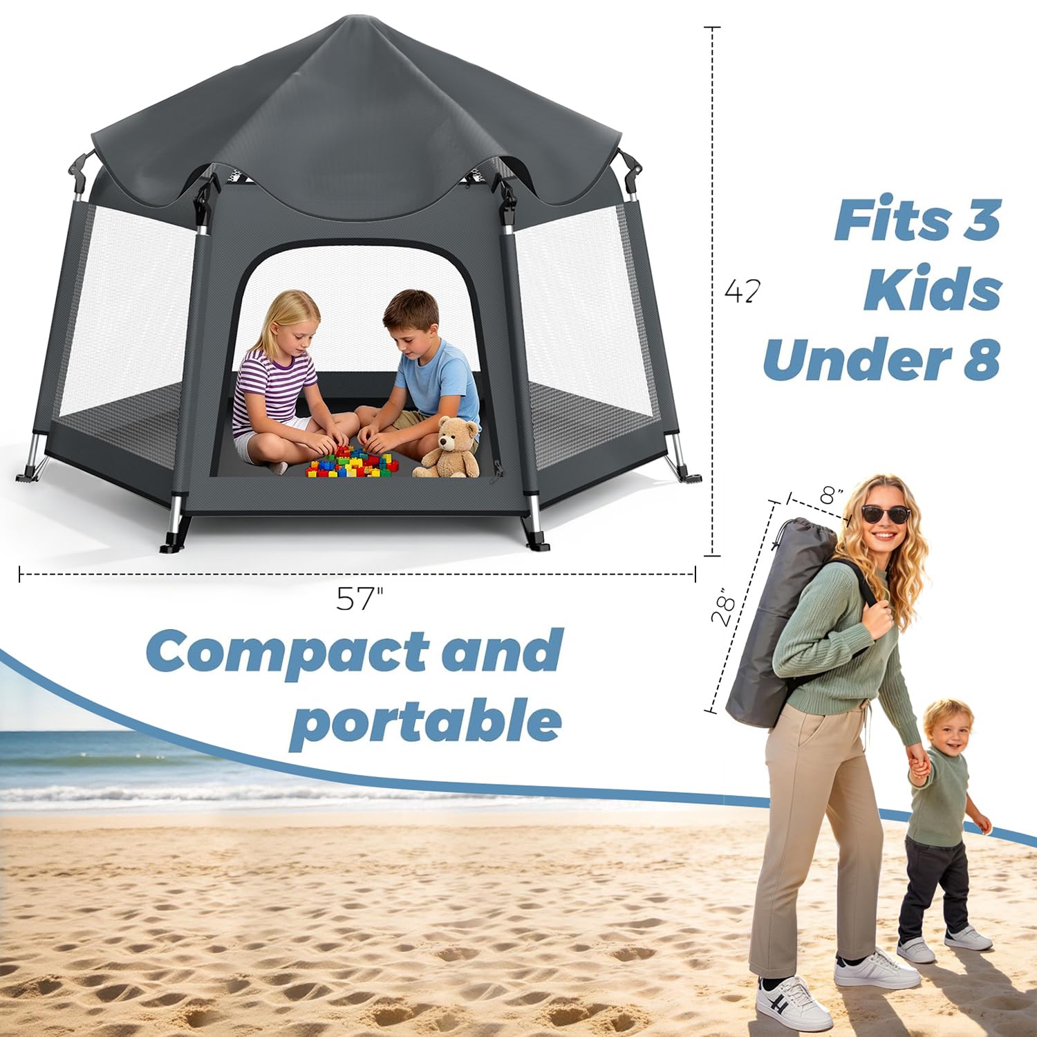 Foldable Baby Playpen with Canopy: Durable 450D Oxford & Aluminum, Gray | Pop-Up Play Tent, Easy Setup, UPF50 Sun Protection, Lightweight, Mosquito Net, for Beach Travel Outside Indoor, for Kid & Pet thumbnail