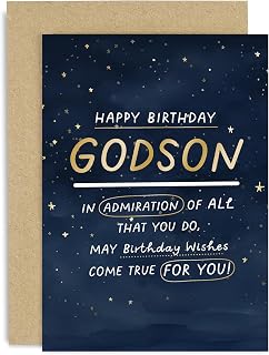 Old English Co. Heartfelt Birthday Card for Godson - Male Birthday Card for Him - Special Sentimental Keepsake Birthday Card for Godson - Navy Blue Sky Gold Foil Stars | Blank Inside