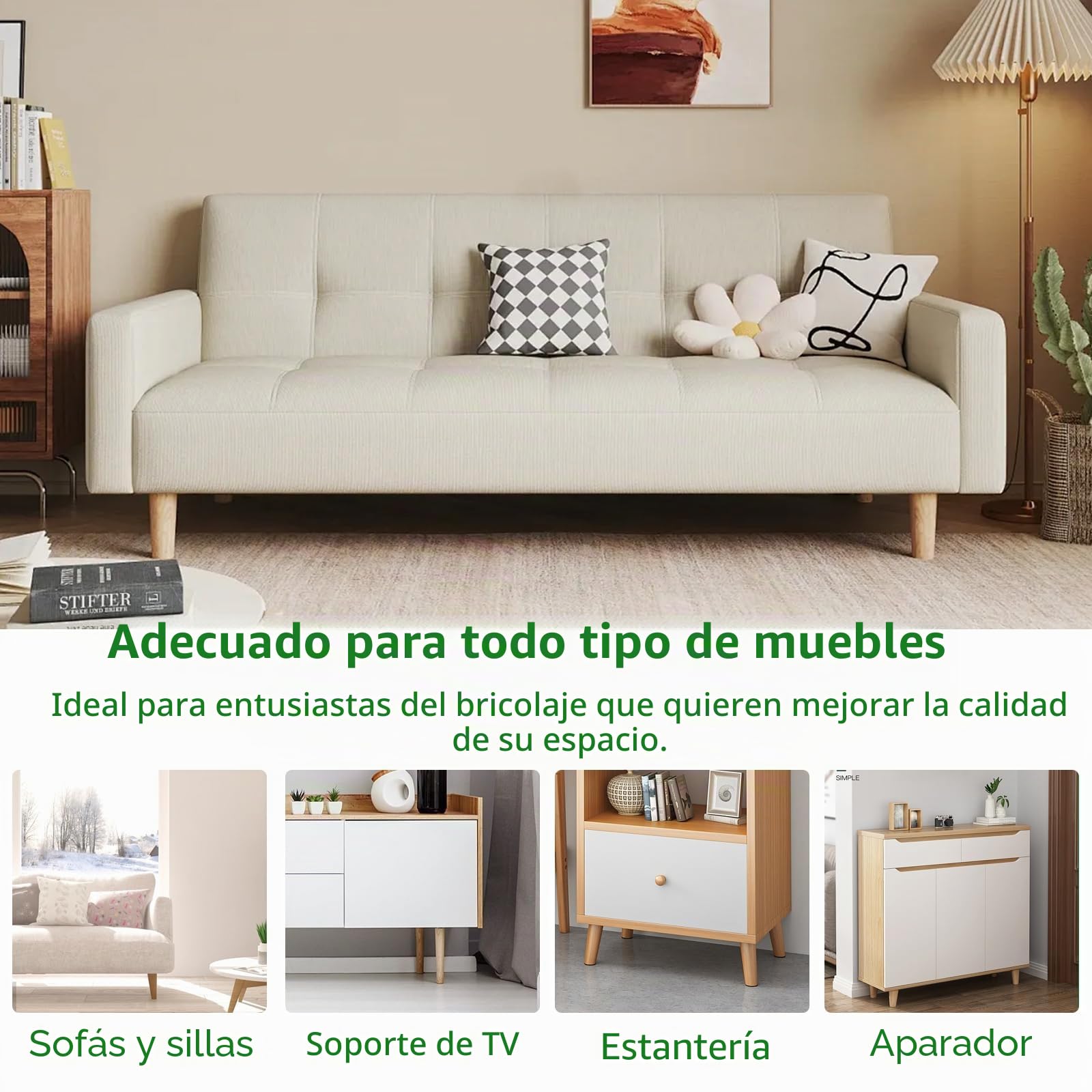 AKOLAFE 8 Piezas Patas para Muebles Madera Roble 10 cm Rectas | Incluye Placas, Tornillos y Almohadillas Antideslizantes; para Sofá, Cama, Armario y Mesa