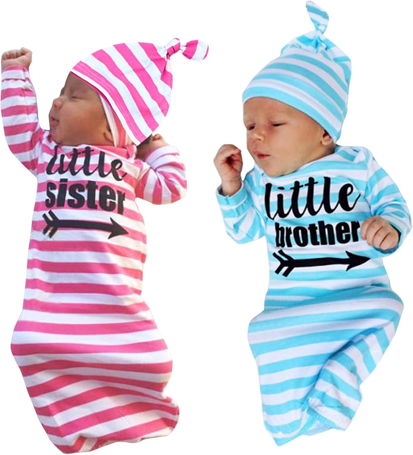 Newborn Baby Twins Knotted Nightgowns Set Soft Sleeper Gowns Striped Infant Sleeping Bags with Hats Set