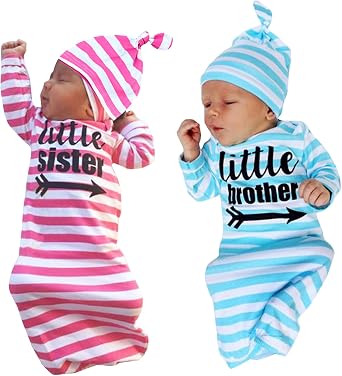 Newborn Baby Twins Knotted Nightgowns Set Soft Sleeper Gowns Striped Infant Sleeping Bags with Hats Set