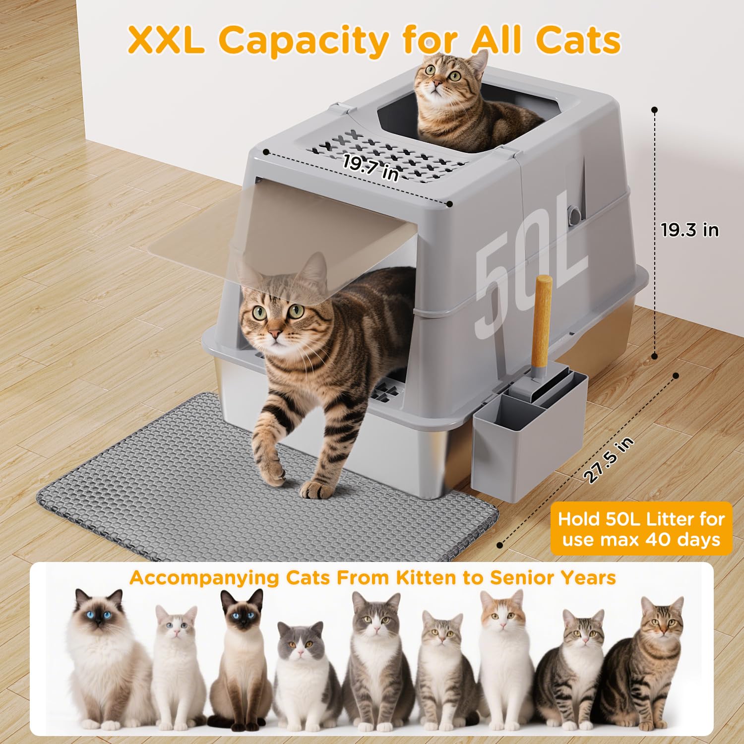 XXL Stainless Steel Litter Box with Lid, 27.5''x19.7''x19.3'', Modular Design & Flip Lid of Closed Metal Litter Box Fit All Cats, Covered High Sided Cat Box, Non-Sticky, Easy to Clean, Grey - image 3