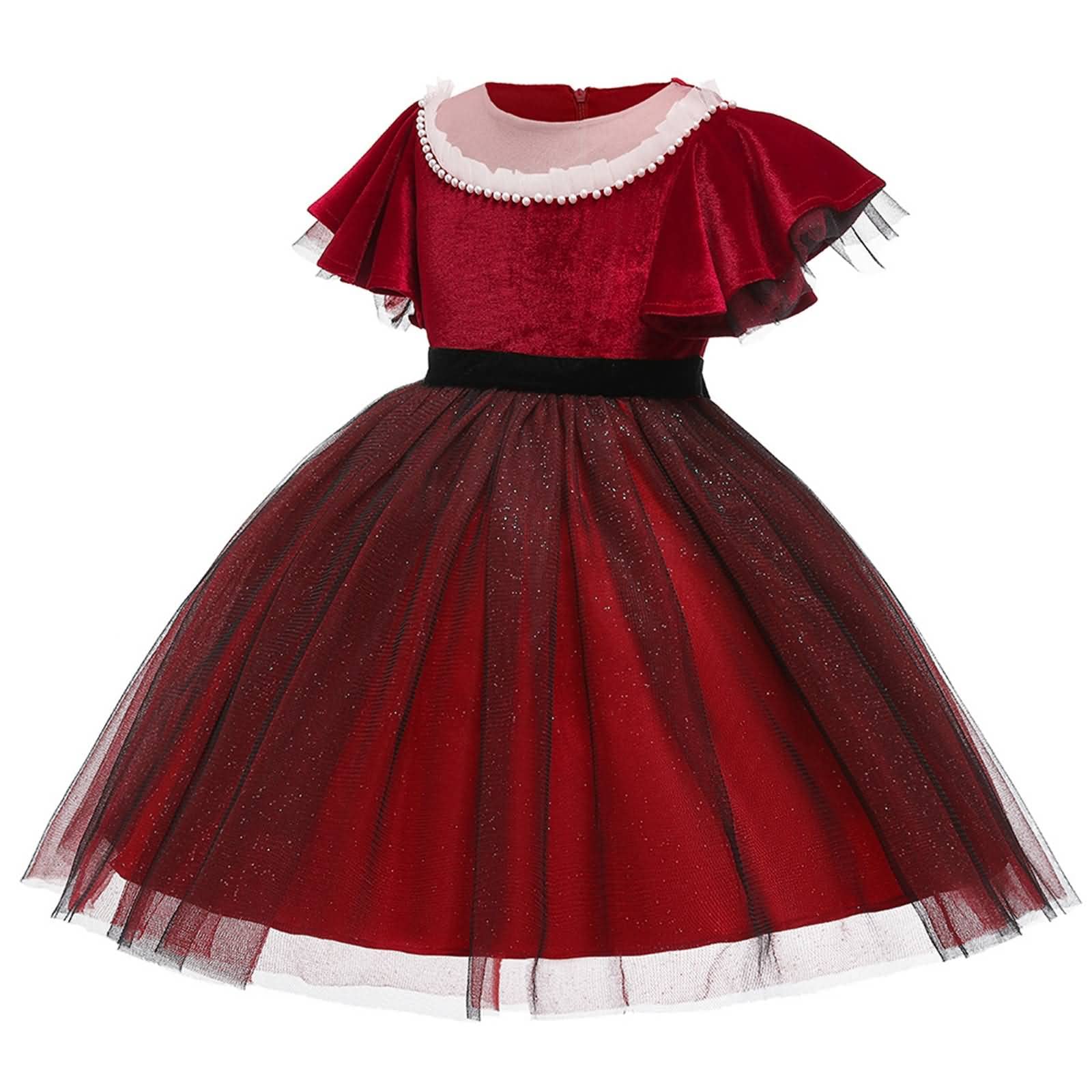Gualiy Vestido para niñas, vestido de baile de graduación de 4 a 10 años, mangas con vuelo, vestido de tul negro con cuentas y manga corta