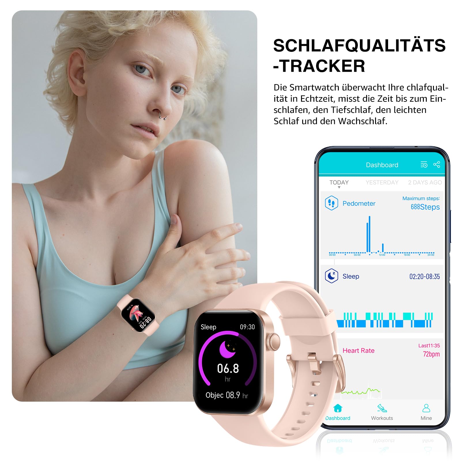 Montre Connectée Femme Homme avec Appels Bluetooth, 1.85" HD Smartwatch avec 140+ Modes Sportifs, Etanche IP68 Montre Connectee avec Podometre/Cardiofrequencemetre/Moniteur de Sommeil pour Android/iOS