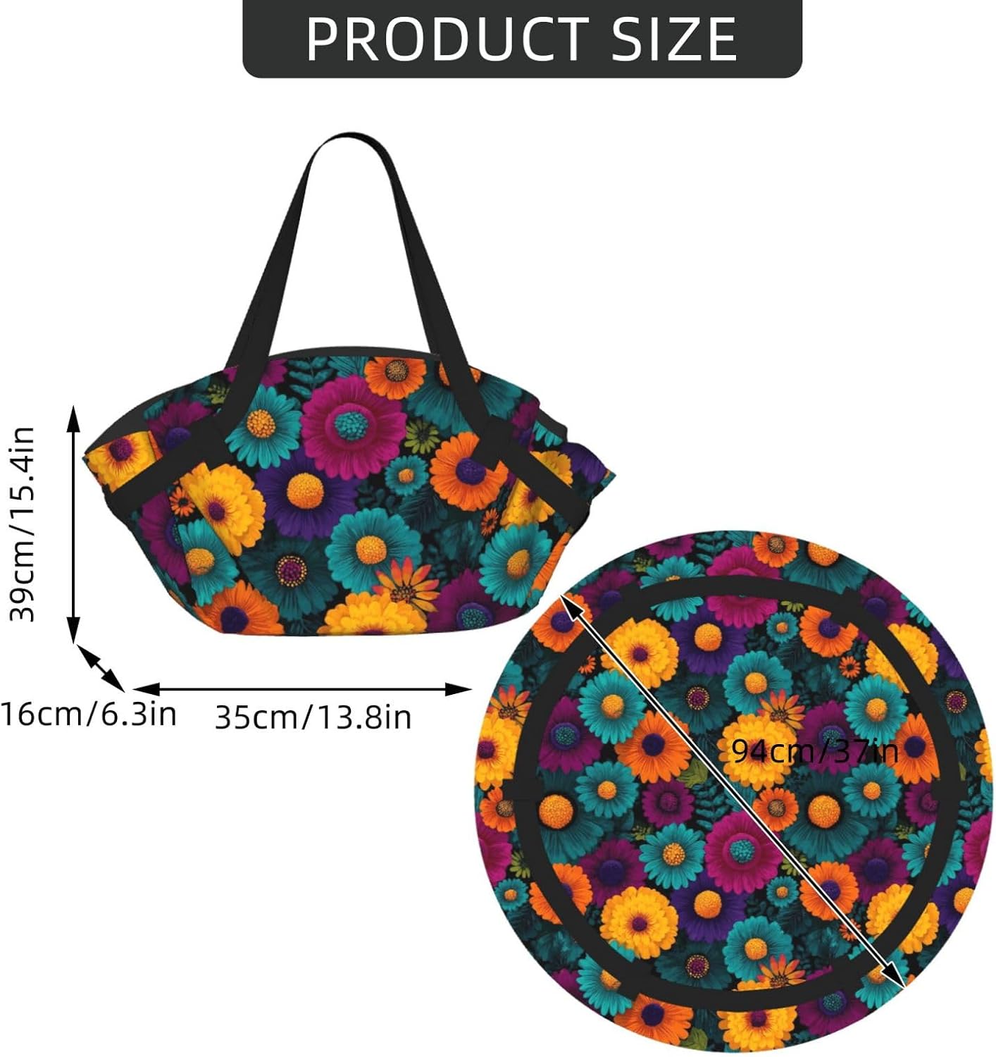 Groovy Daisy Flowers (1) Pattern Foldable Camping Tote Bag Picnic Blanket Bag Portable Beach Mat Tote Waterproof Outdoor Picnic Mat Carry Bag