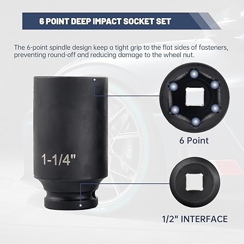 Miniatura 4 de juego de llaves de impacto de 12 pulgada, 6 puntas, 14 piezas, juego de impacto profundo estándar, tamaños SAE, CR-V (38 a 1-114 pulgadas)