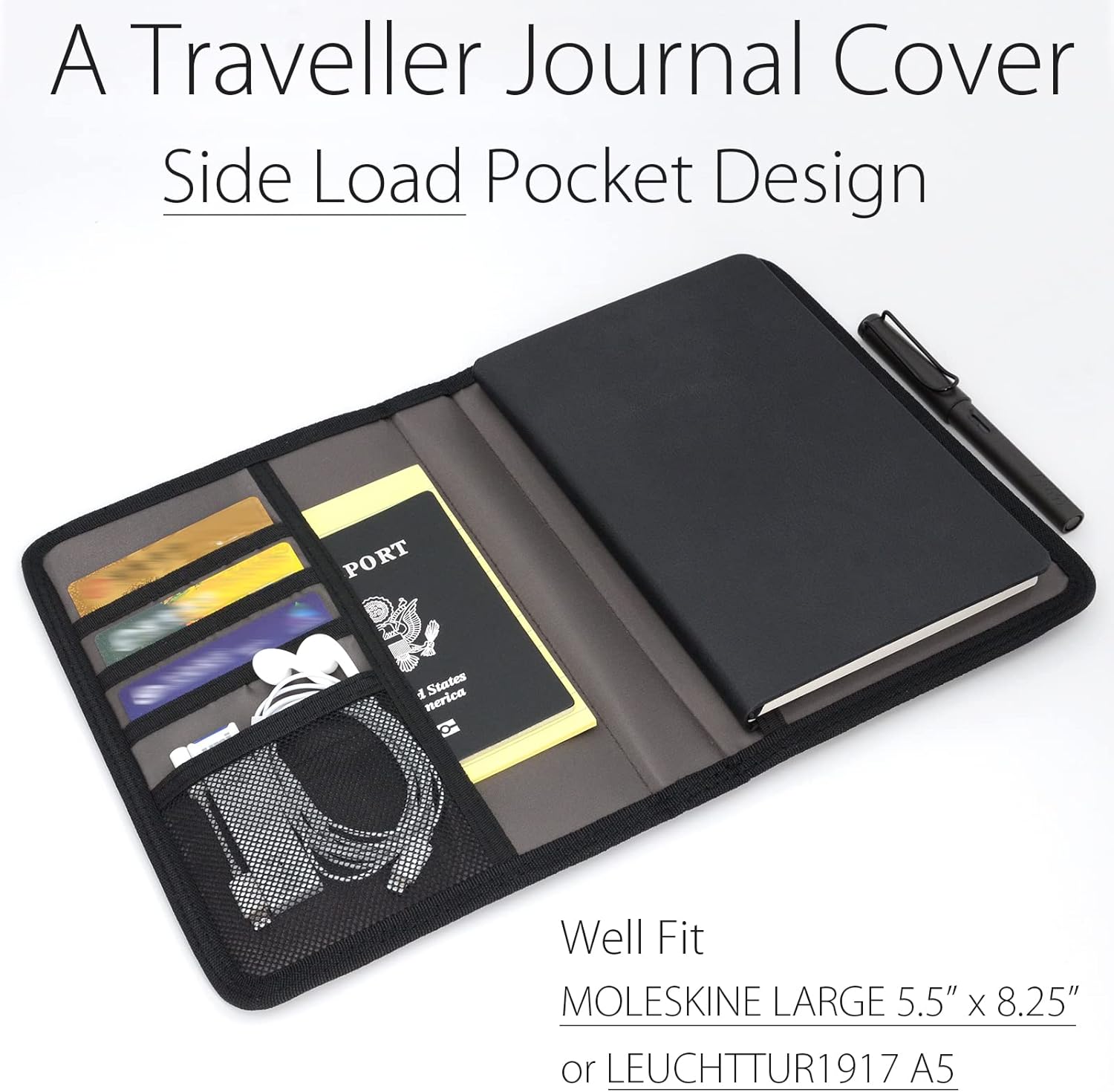 diodrio Journal Notebook Cover for Travel 5.5 x 8.25 A5 Moleskine LEUCHTTURM 1917 Journal Notebook Planner Sketchbook Legal Pad, refillable, Water Resistant, Elastic Band, Inner Pockets, Black