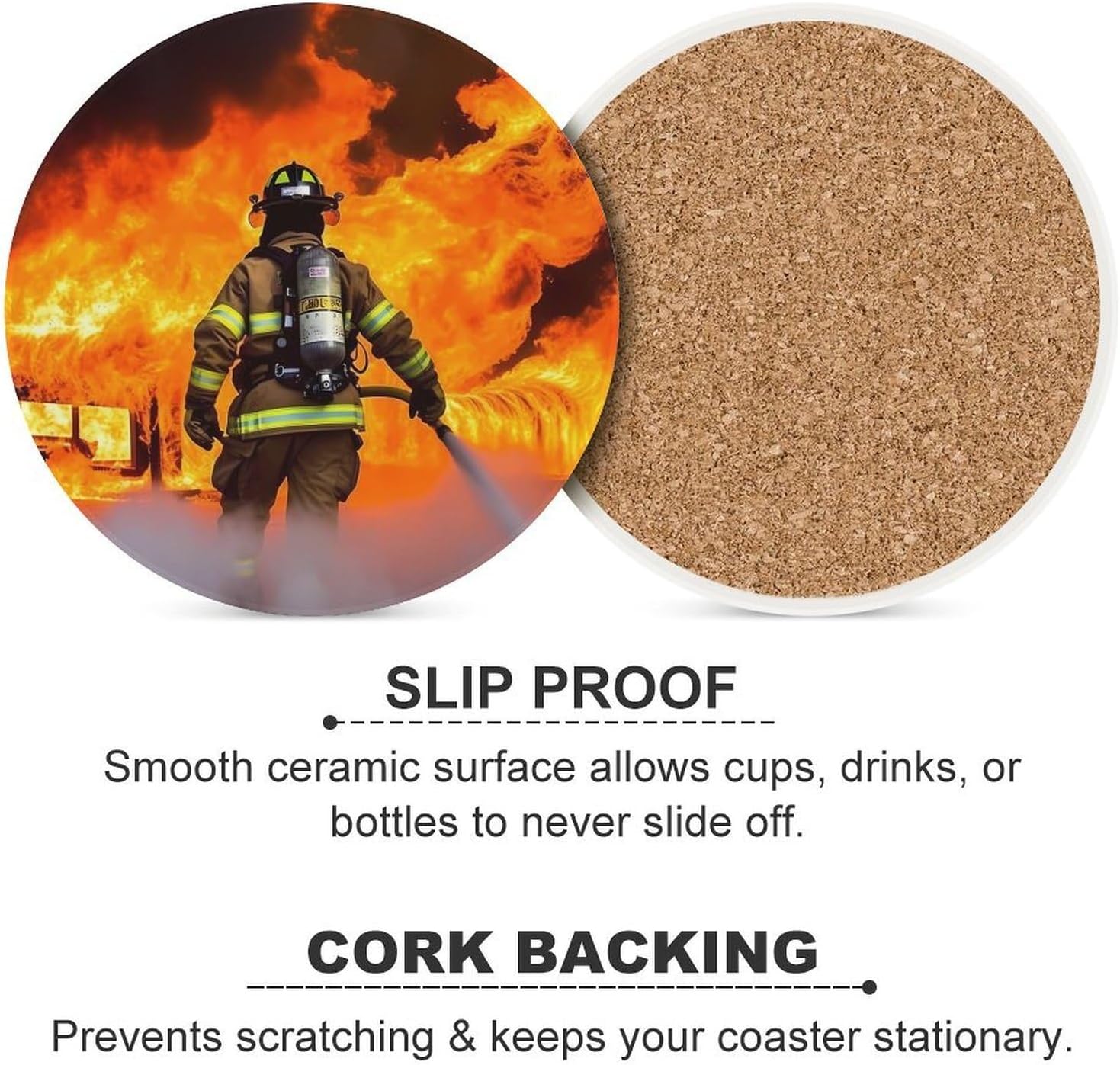 6PCS Firefighter Fireman Flame Coasters Non-Slip Round Drink Coasters with Ceramic Stone and Cork Base, Heat Resistant Absorbent 33.00Stone Coaster Set for Kinds of Mugs and Cups, 4 Inch