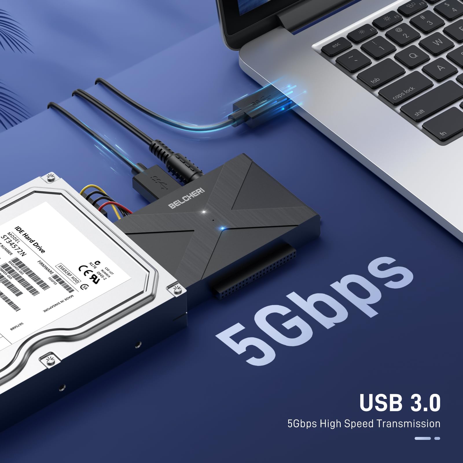 Adattatore USB 3.0 a IDE e SATA, Adattatore per Disco Rigido Esterno Universale da 2,5 o 3,5 Pollici SATA o IDE HDD SSD, Convertitore IDE e SATA con Adattatore di Alimentazione da 12V