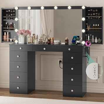 Likein Black Makeup Vanity with Lighted Mirror, 11 Drawers Dressing Table
