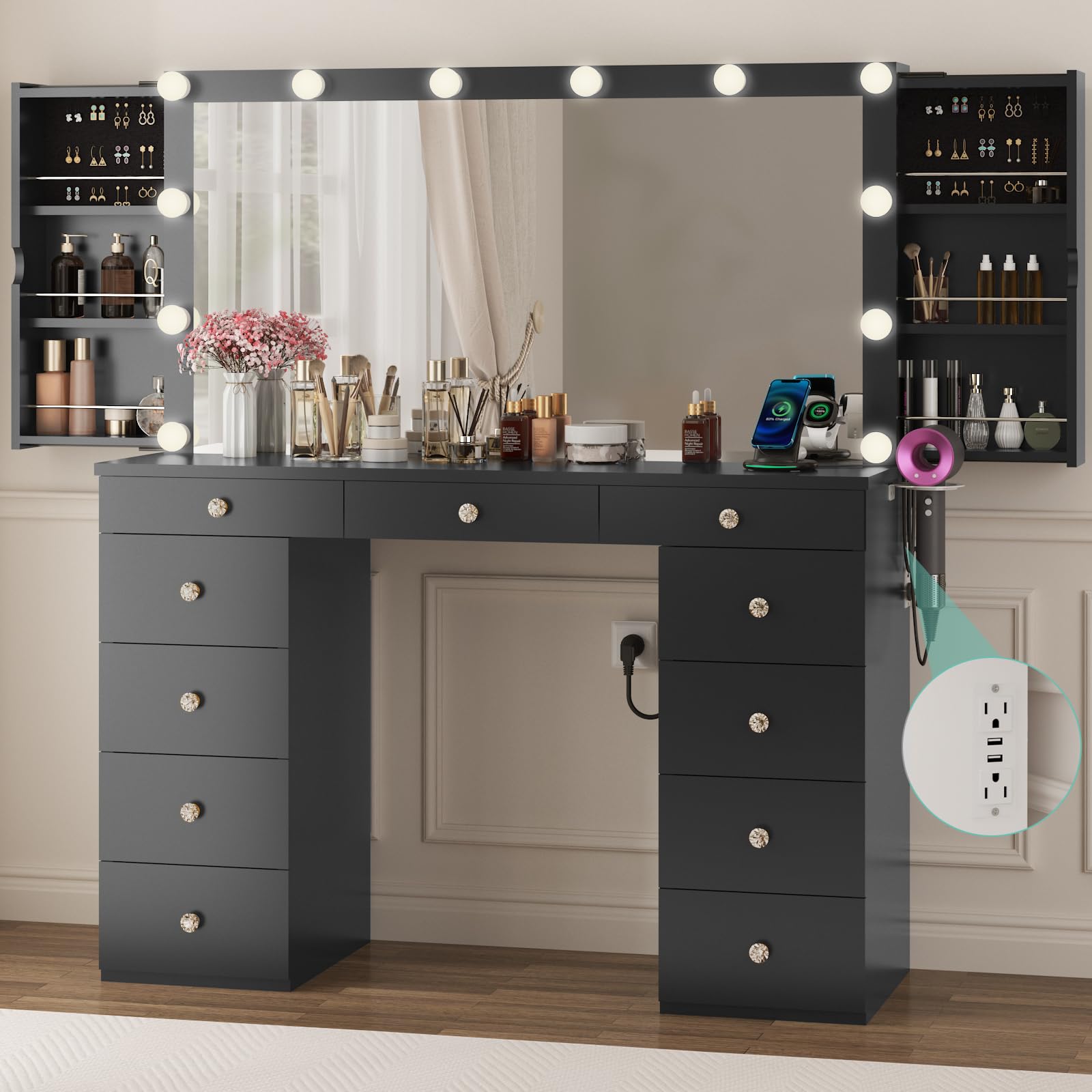 Likein Vanity Desk with Mirror and Lights,Black Vanity with Jewelry Storage Cabinet,Makeup Dressing Table for Bedroom with 11 Drawers, Power Strip, Crystal Knobs,3 Color Lighting Modes for Women,Girls