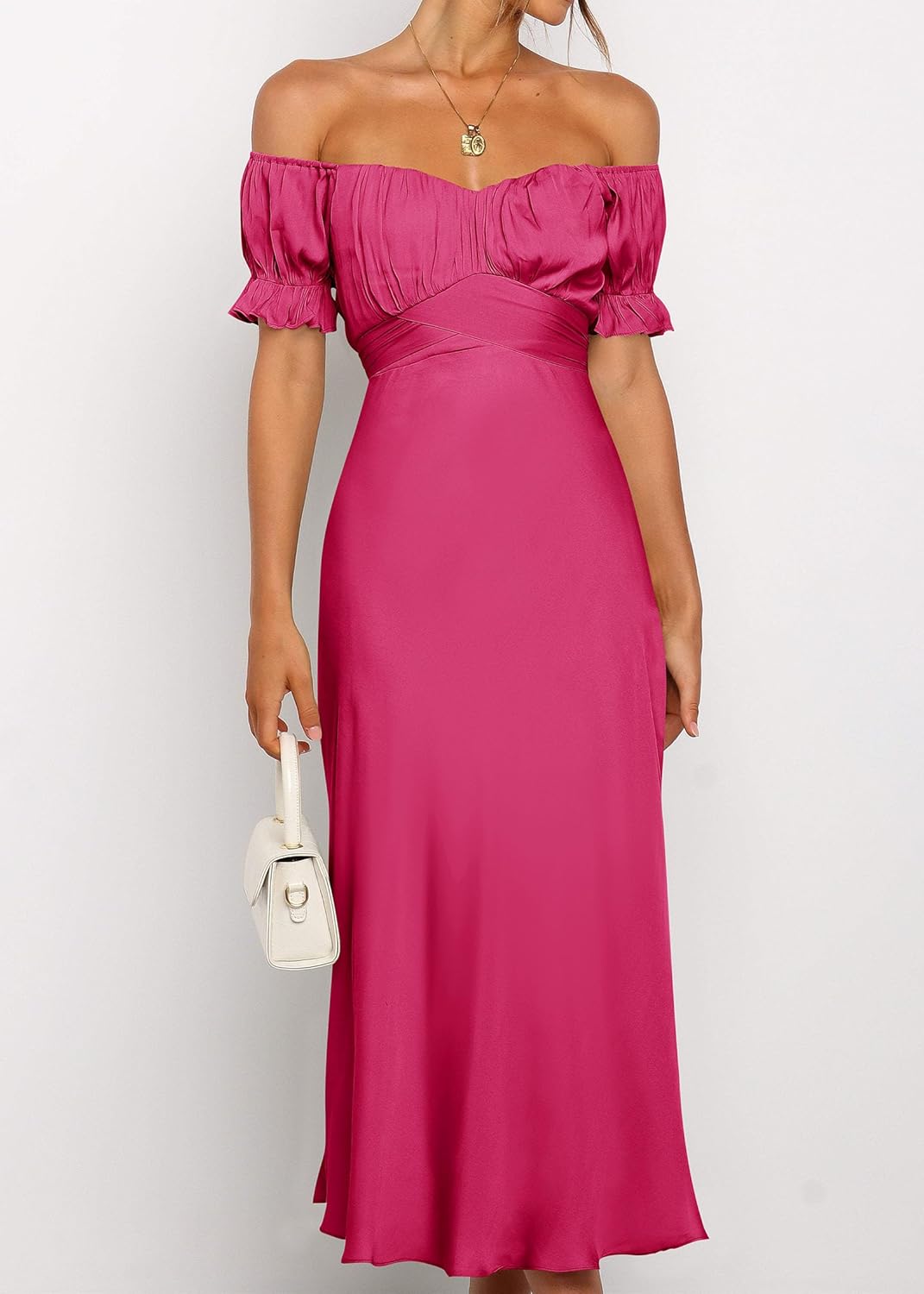 KIRUNDO Women's 2026 Spring Summer Satin Wedding Guest Midi Dress Off The Shoulder Wrap Party Cocktail Formal Prom Dresses - Image 6