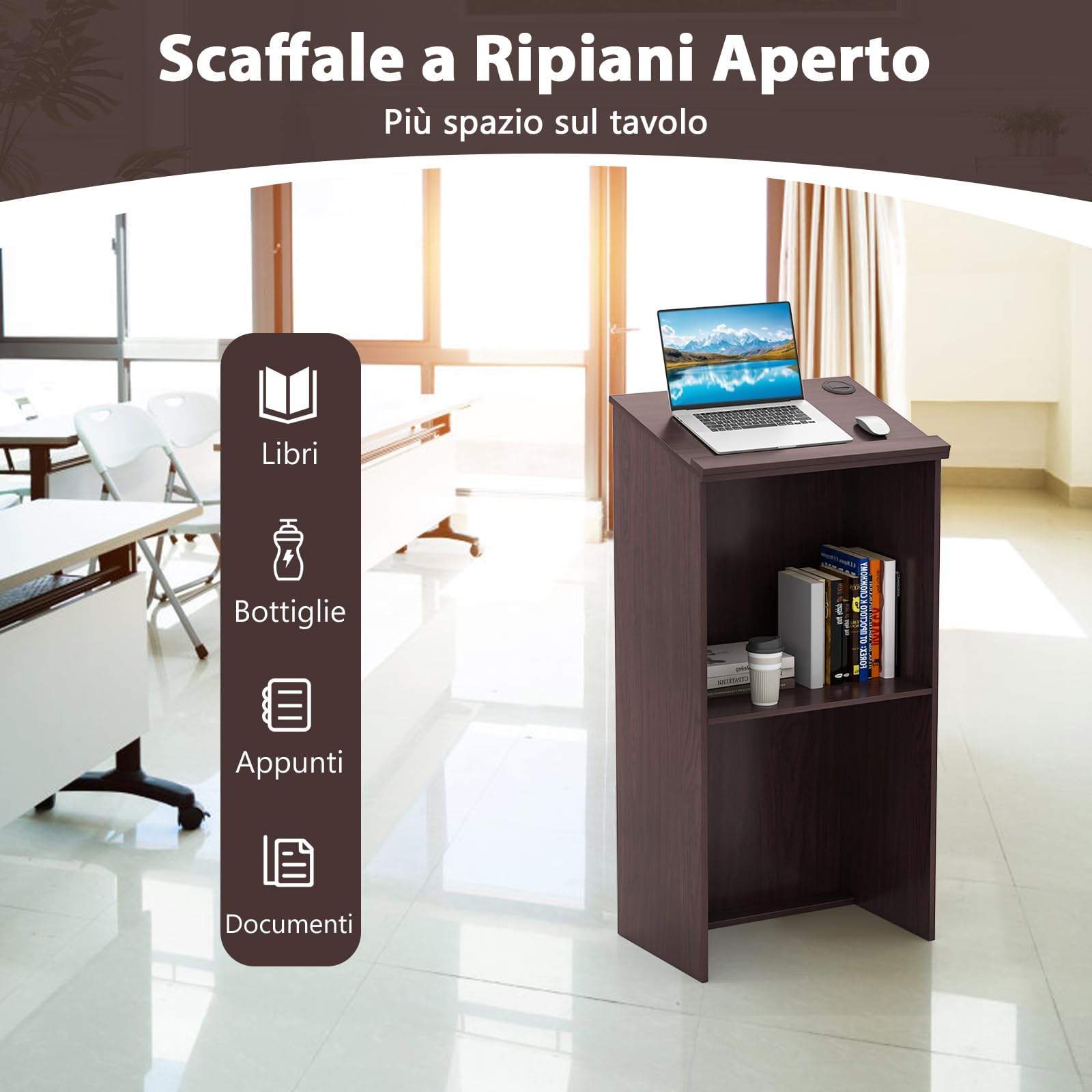 COSTWAY Leggio per Oratori, Podio per Conferenza con Ripiani e Fori per Cavi, Leggio da Pulpito in Legno per Aula, Ufficio, Ristorante e Seminario (Marrone)
