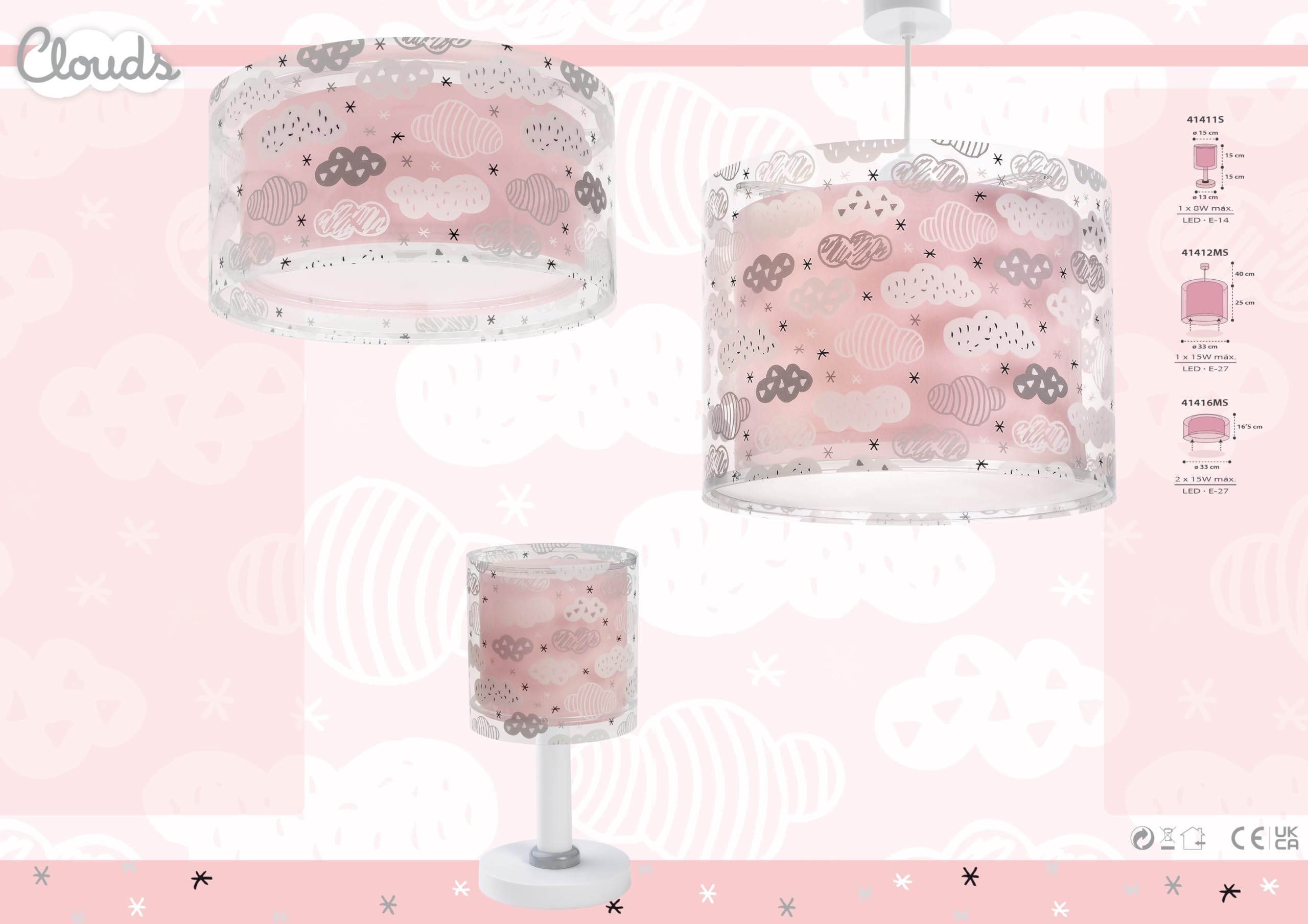Dalber Lustre Chambre Lampe Suspension Plafonnier Enfants Nuages Rose 33 x 33 x 25 cm E27