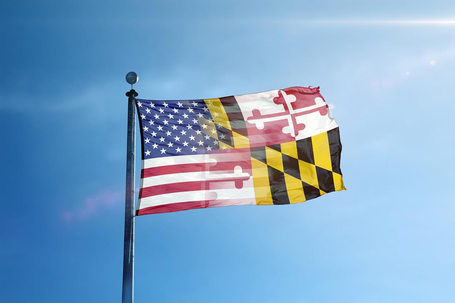3x5 ft Maryland & American Flag Blend: 100% Polyester Banner, Brass Grommets & Strong Canvas Header, For Use Outdoor or Indoor
