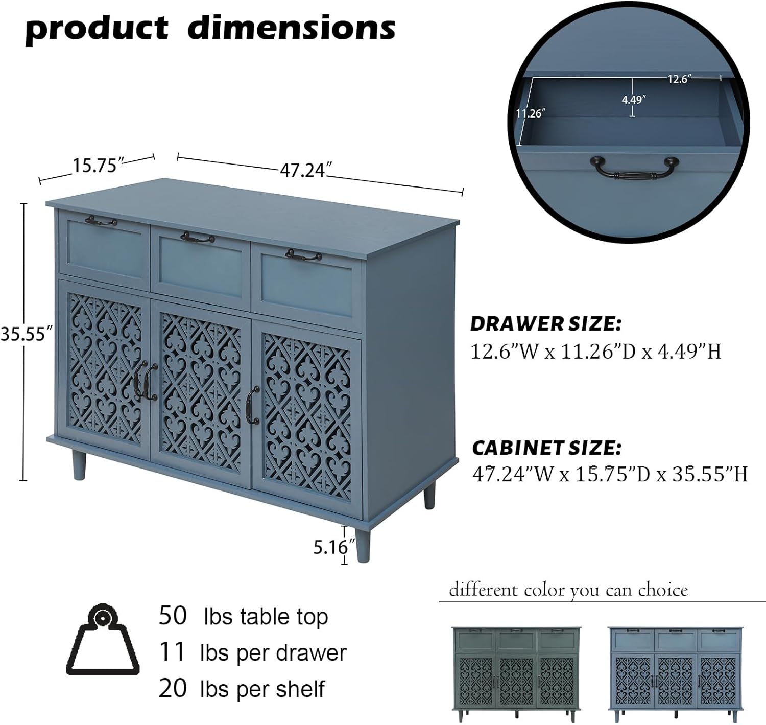 Sideboard Buffet Cabinet, American Farmhouse Blue 3 Door 3 Drawer Storage Credenza, Hollow Carved, Living Room Entryway Kitchen Dining Room Console Table, Home Furniture Decor