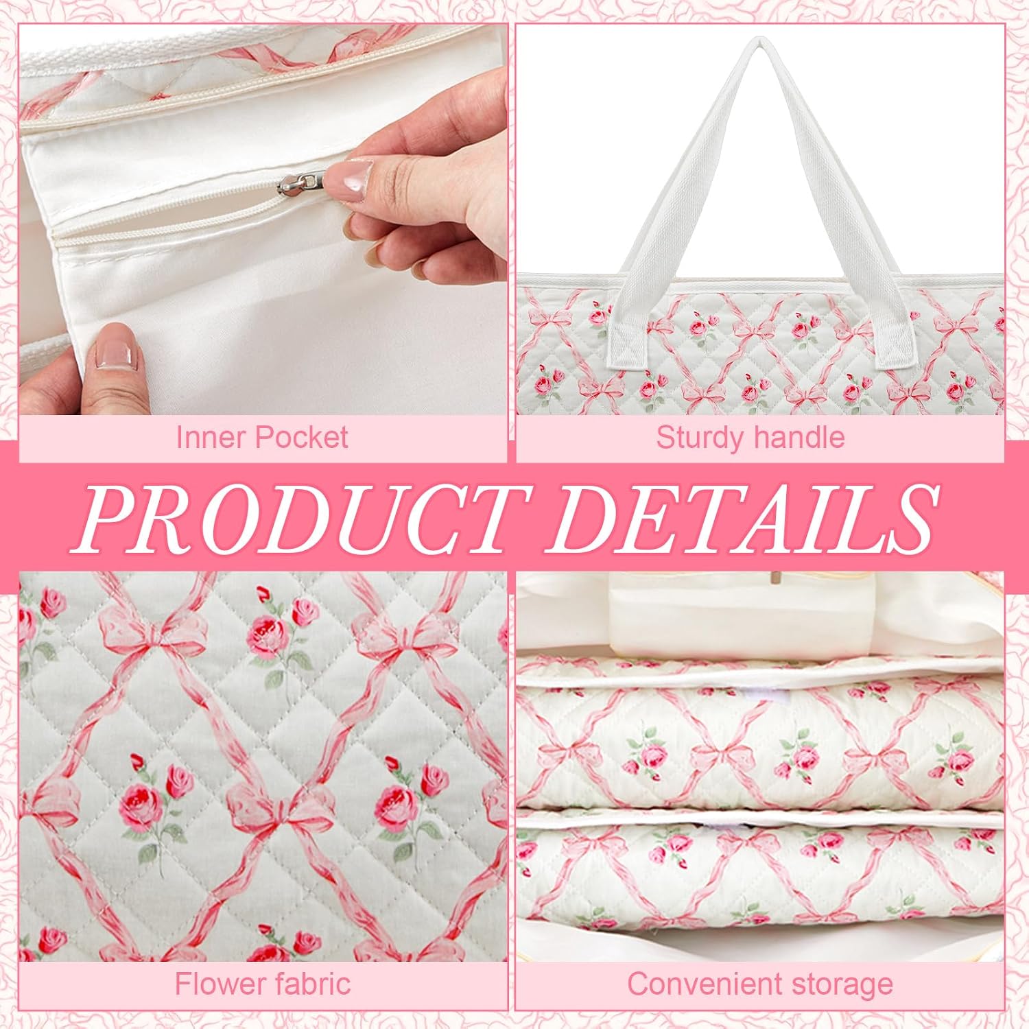 Shinylin 3 Pcs Empty Mahjong Bag Set, Quilted Soft American Mahjong Bag with Cute Floral Pink Bow Printed, 2 Pcs Carrying Bags for Card Racks and Card Pusher (Case Only) image 4