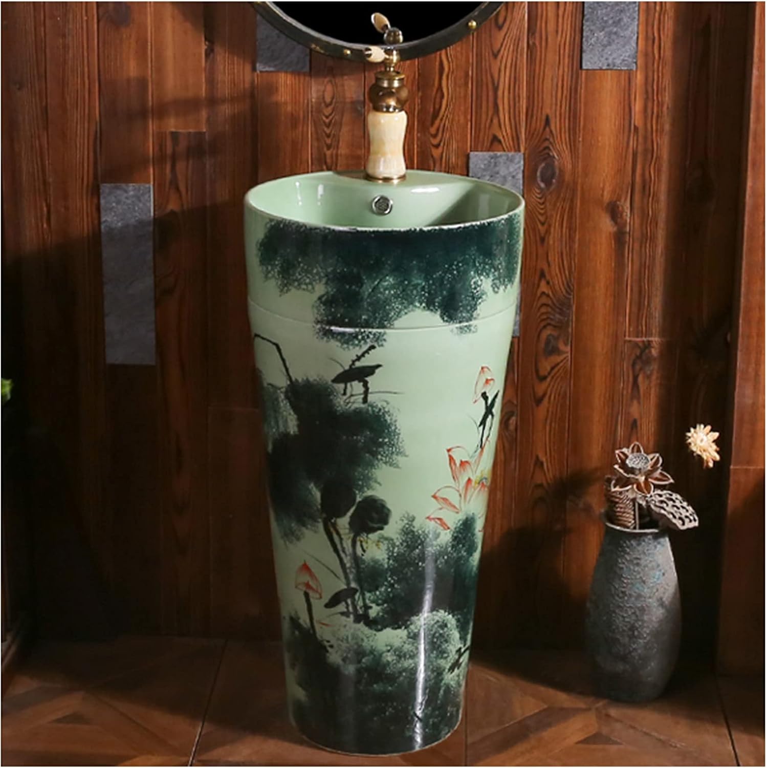 Freestanding Pedestal Bathroom Cylindrical Sink Solid with Pedestal Easy to Clean Floor Standing Basin Unit for Indoor and Outdoor J with Mirror (Q with Mirror) (M with Mirror)