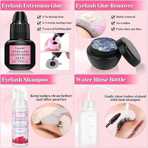 Miniatura 5 de Kit de pestañas para extensiones de pestañas, 327 piezas de suministros de extensiones de pestañas con cabeza de maniquí de pestañas, limpiador de