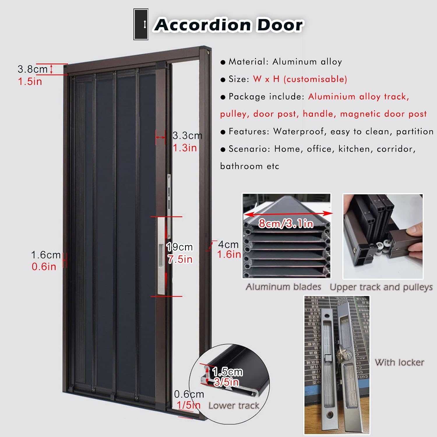 Accordion door Aluminum Temporary Door with Lock, Accordion Door On Track/ Retractable Simple Sliding Door 61 76 86 91 96 100 121 141 162 177 Cm, Folding Sliding Barn Door Hardware Kit(W28in/71cm-h78i