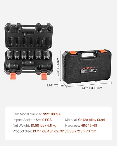 Miniatura 9 de VEVOR Juego de dados de impacto de 12 pulgada, 26 piezas, zócalos poco profundos, enchufes de 6 puntos, construcción resistente, CR-M0, juego de
