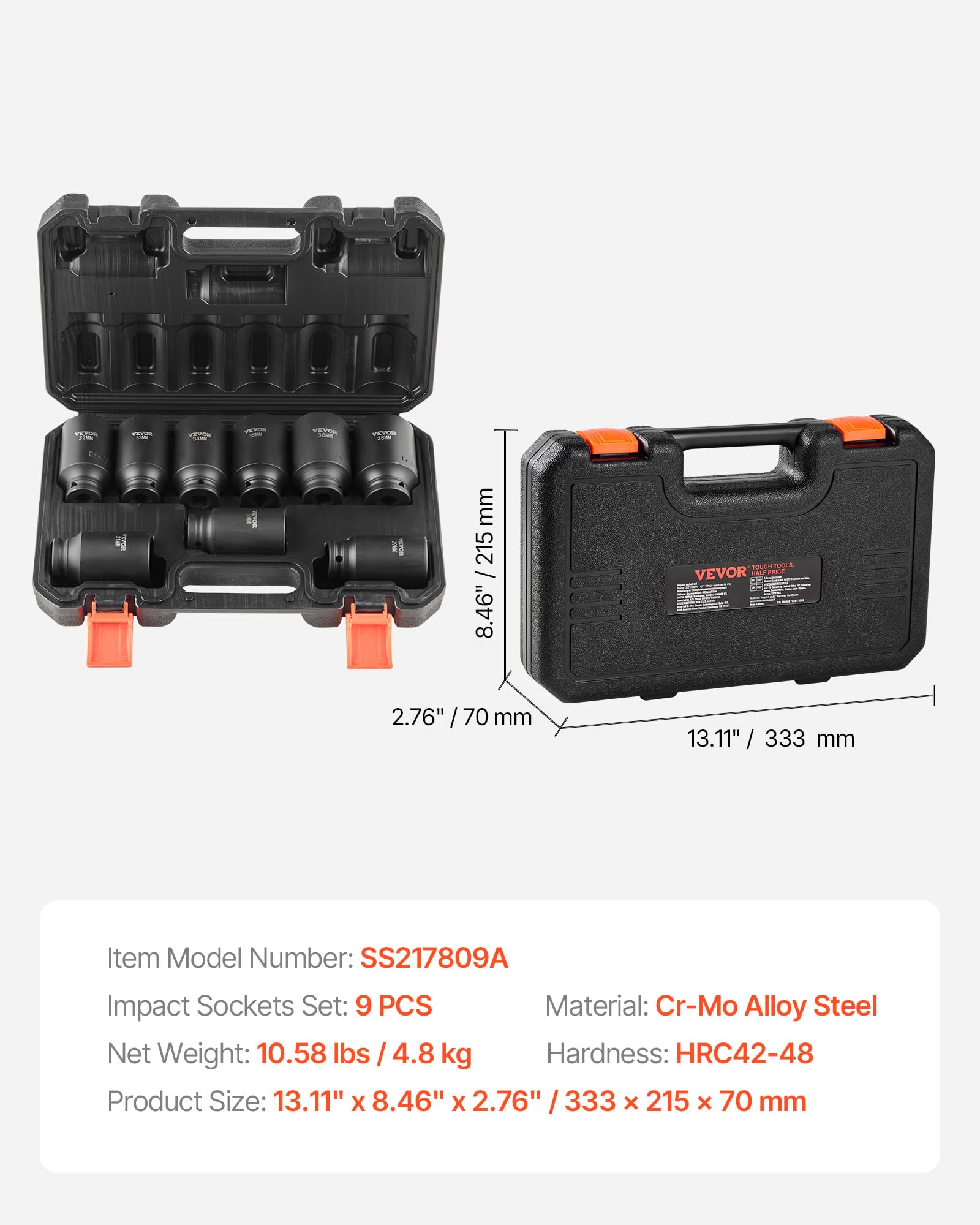 VEVOR Set di Bussole a Percussione da 1/2", Set di Bussole Metrico 29-38 mm, Acciaio Legato al Cr-Mo a 6 Punti per Riparazioni Auto, Marcature delle Dimensioni di Facile Lettura con Valigetta