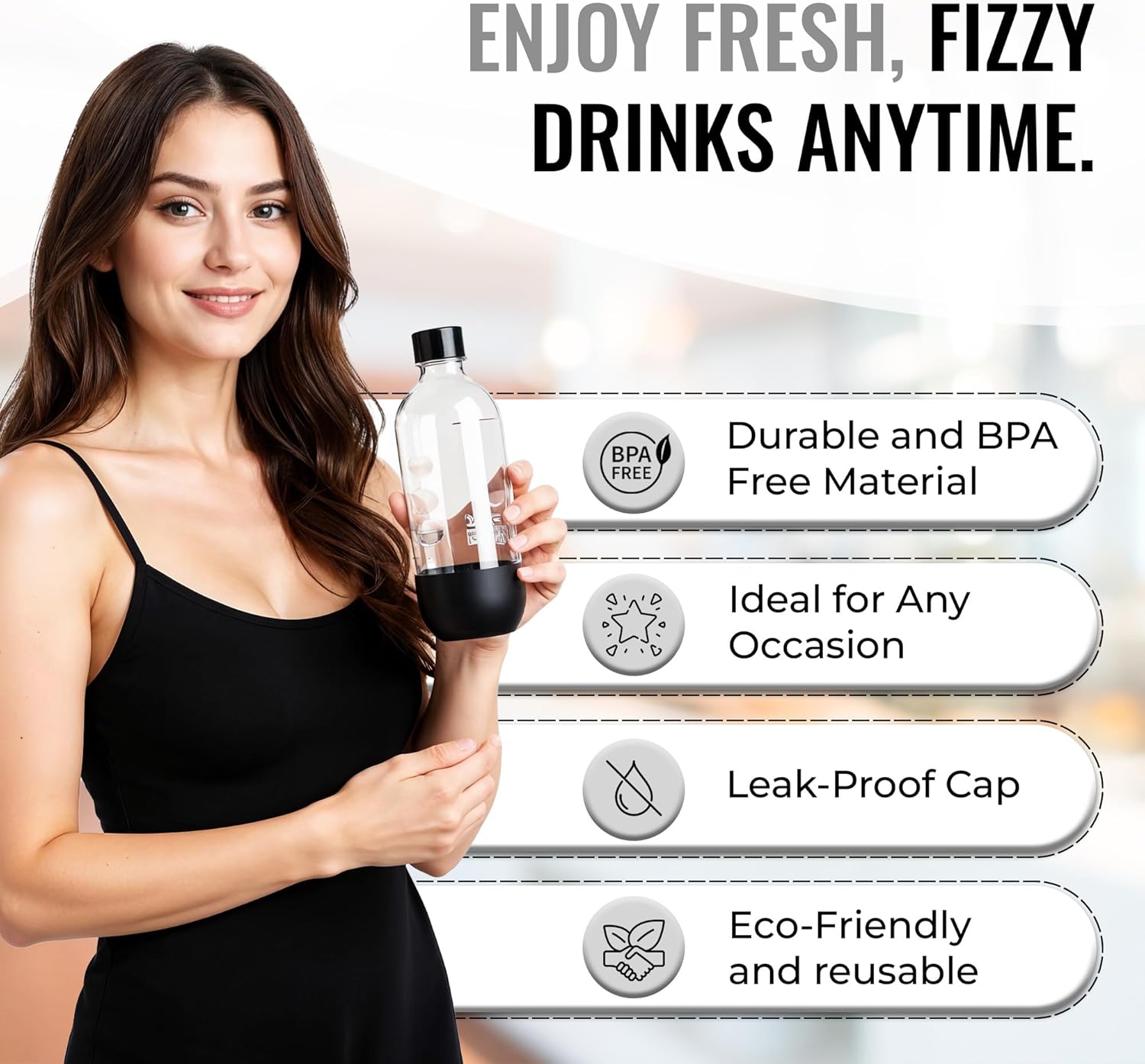 Replacement Carbonating Sparkling Water Bottles for SodaStream - 1 Liter, BPA-Free & Leak-Proof (Compatible with Fizzi, One Touch, Jet, Source, Play, Genesis, Power Models) - 3-Pack (Black)
