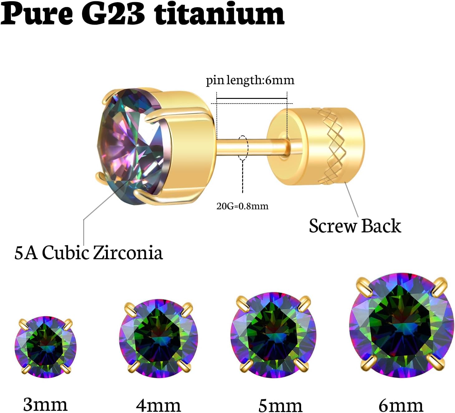 Hopply Hypoallergenic G23 Pure Titanium Earrings for Women Men,20G Implant Grade Flatback 5A Cubic Zirconia Earrings Studs for Sensitive Ears Jewelry Gift - Image 2