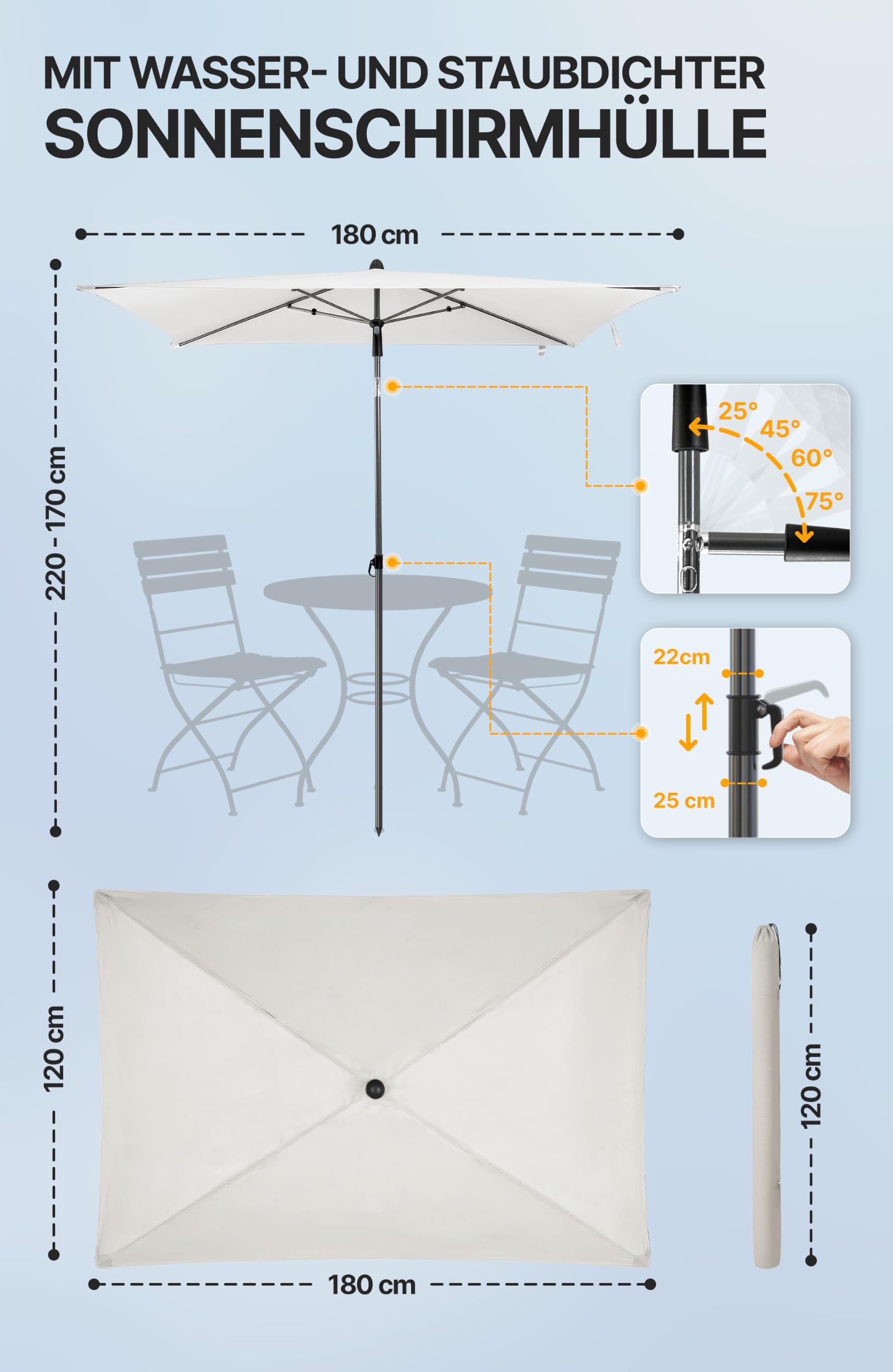 Menz Sonnenschirm Balkon 5-fach knickbar, Sonnenschirm rechteckig 180x120cm | UPF 50+ Sonnenschutz Balkon, höhenverstellbarer Balkonschirm, inkl. Schutzhülle, Beige