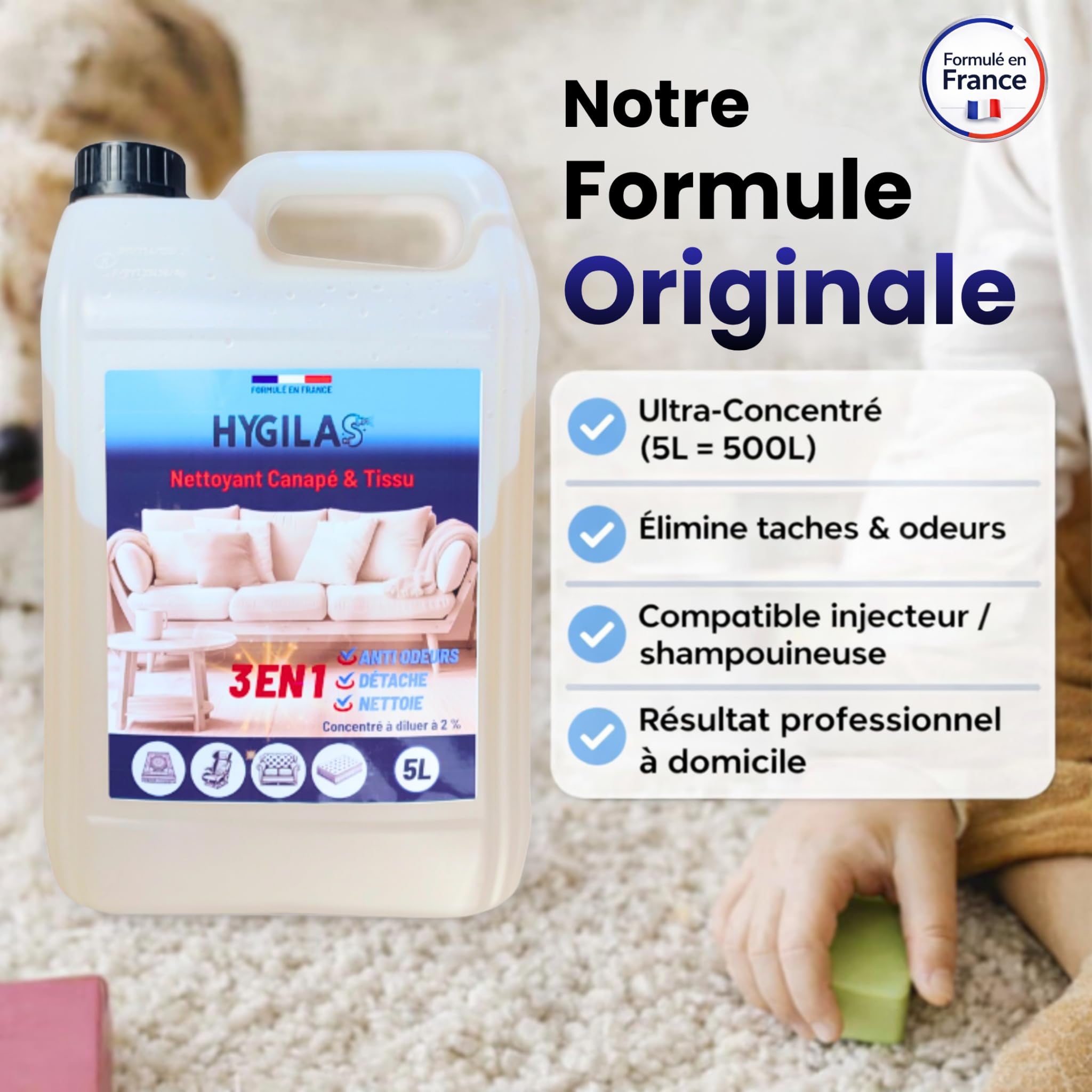 HYGILAS Nettoyant Canapé & Tissu, Professionnel 5L - Concentré à Diluer - Compatible Injection/Extraction & Shampouineuse - Matelas, Tapis, Moquette