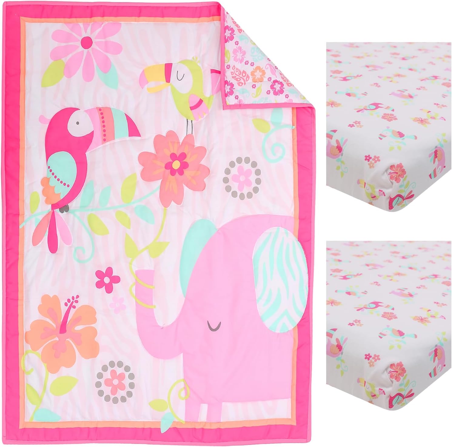 Pink Floral Elephant Birds Nursery Crib Bedding Set for Girls 1 Quilt 2 Fitted Sheet