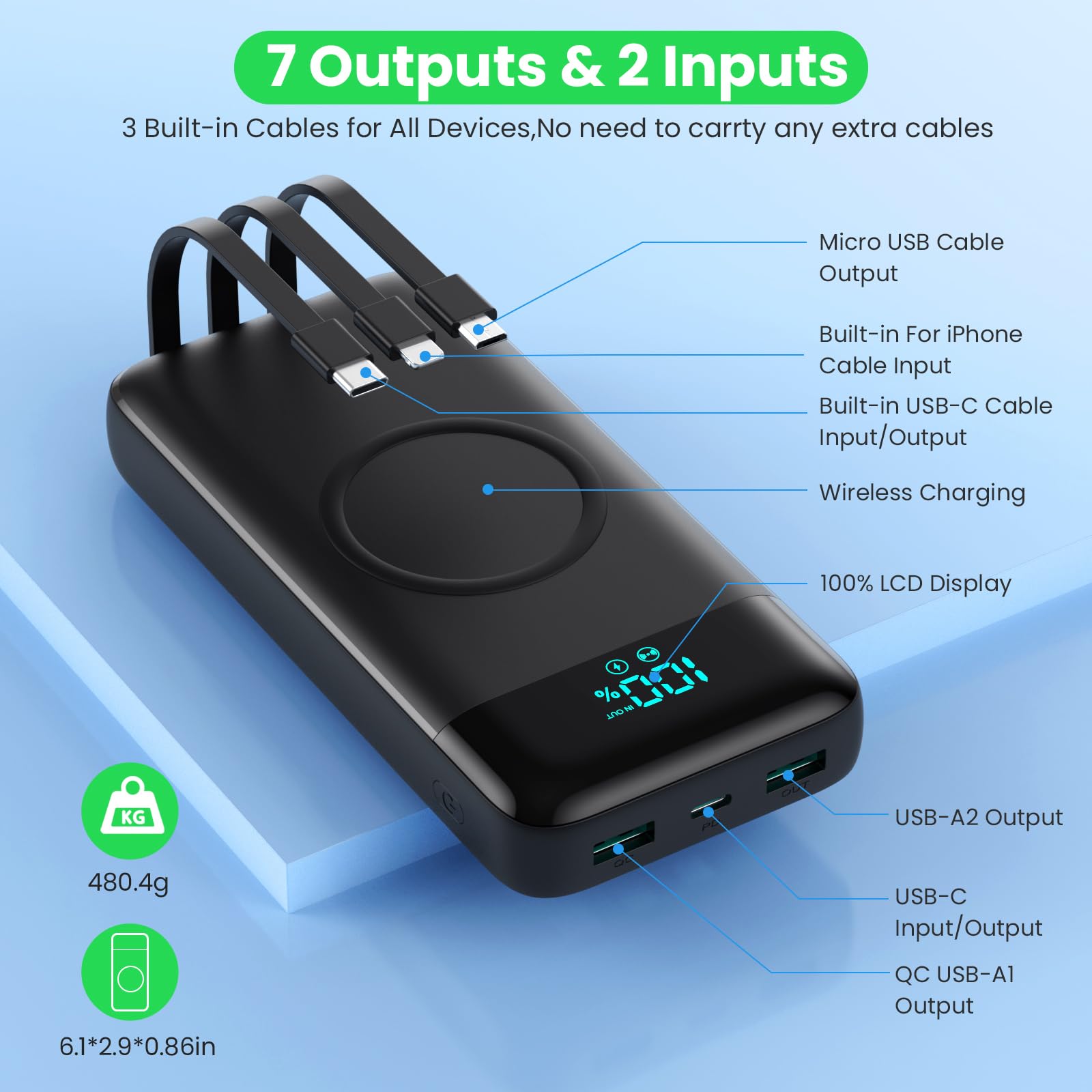 Batterie Externe sans Fil 26800mAh, 7 en 1 Powerbank Fast Charging avec 3 Ports et 3 câbles, 25W PD3.0+QC4.0 Chargeur Externe Portable avec écran LCD Compatible avec iPhone Huawei Samsung Xiaomi