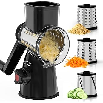 Cheese Grater with Crank Mandolin Vegetable Slicer with 3 Stainless Steel Interchangeable Drum Blades Vegetable Grater Manual Multi-Purpose Vegetable Cutter Ideal for Cheese Cucumbers Carrots Nuts