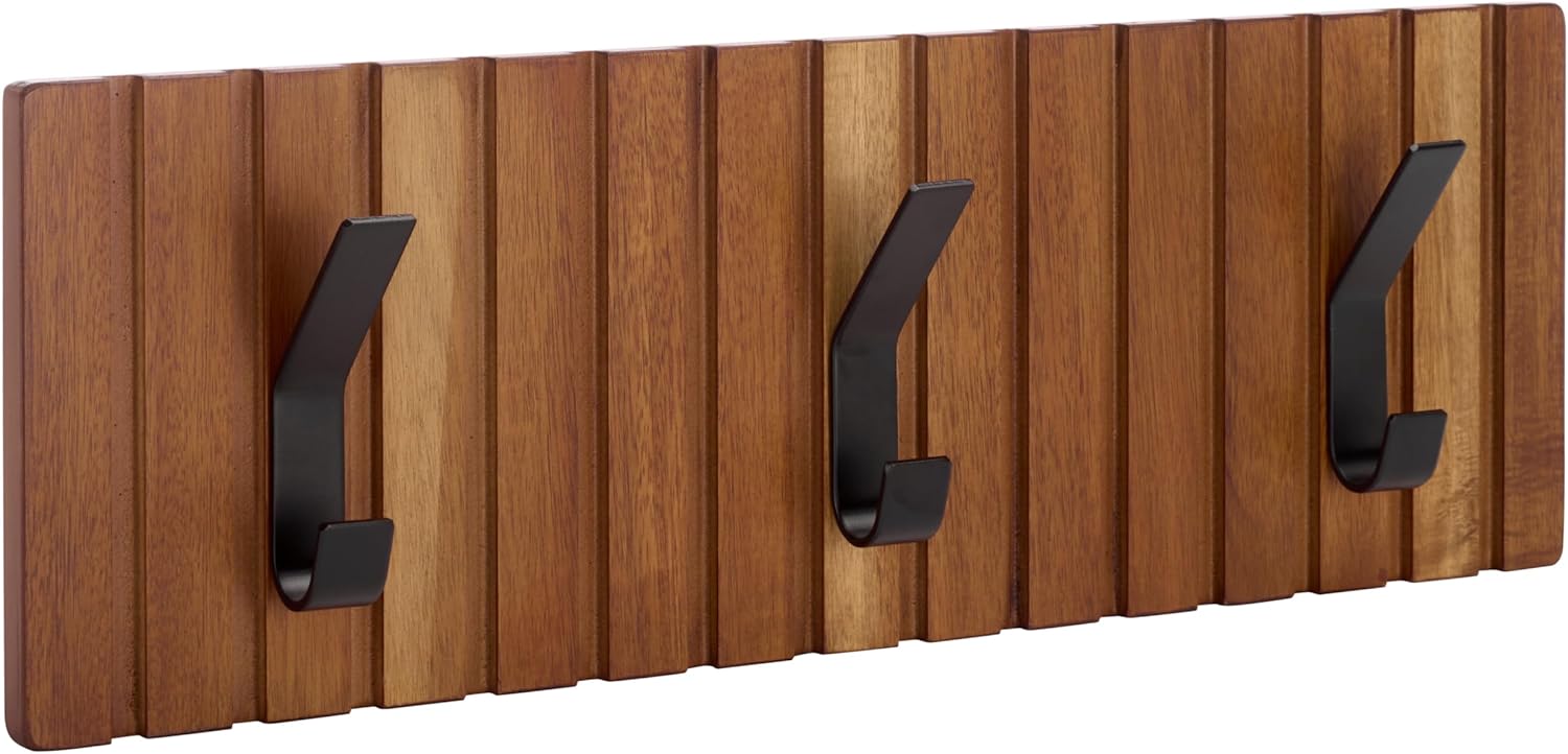 SAFAVIEH Home Collection - Fraizer Brown Wall-Mounted Coat Rack, 3 Black Iron Hooks, Acacia Wood Veneer (STG5000A)