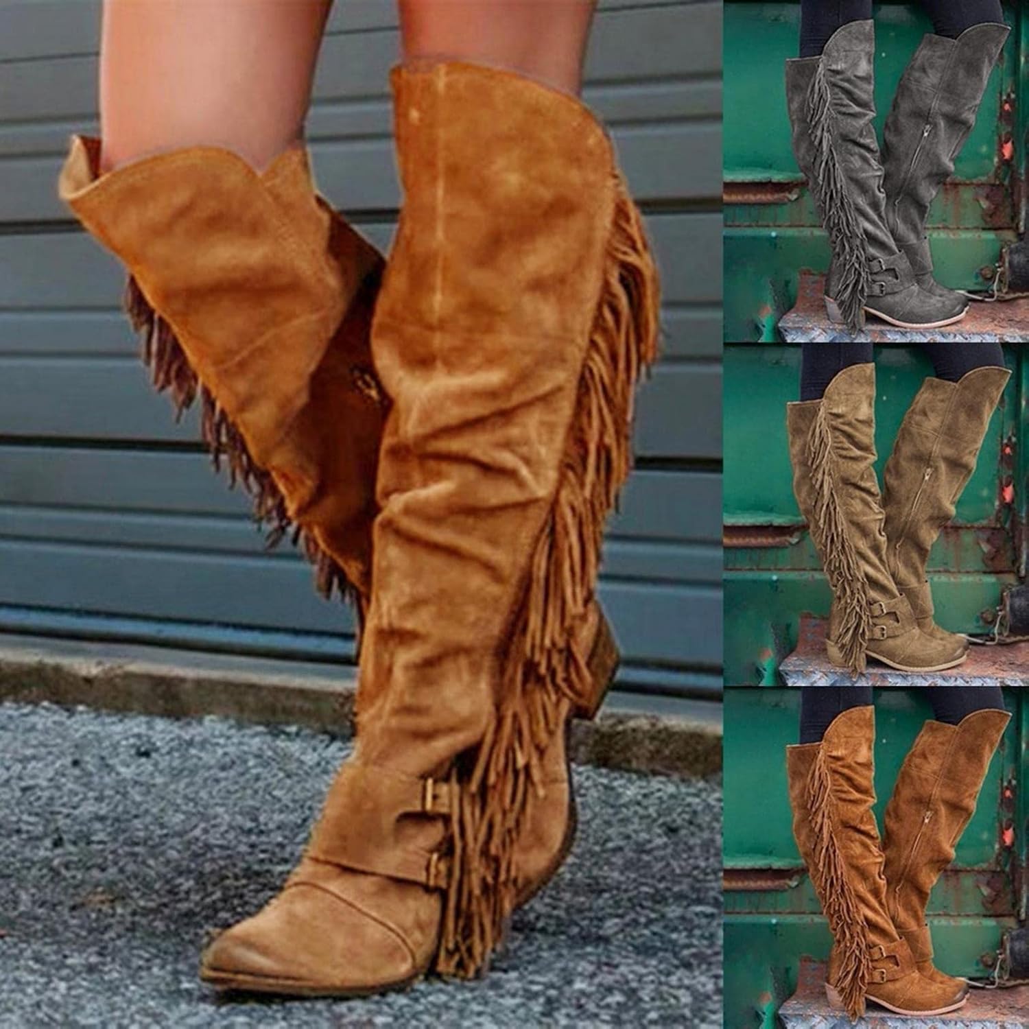 Bcshiye Women's Knee High Boots Casual Over The Knee Retro Tassel Moccasin Square Low Heel Zipper Western Long Booties